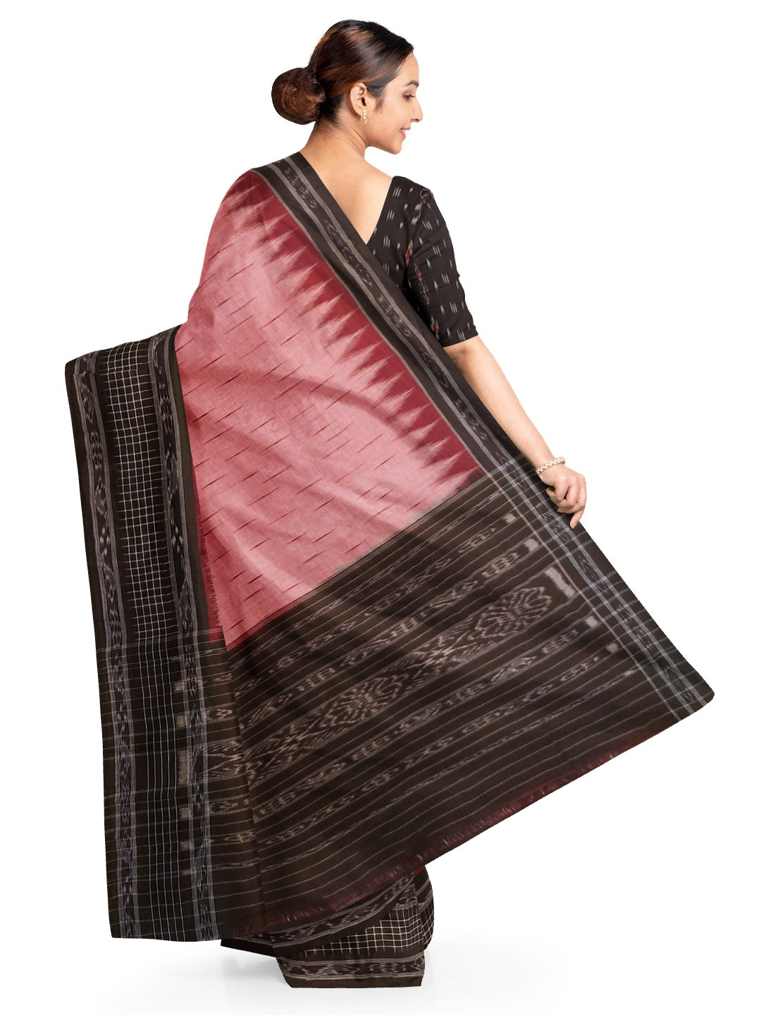 Pink with Black wide border Cotton Odisha Ikat saree with mix match cotton ikat blouse