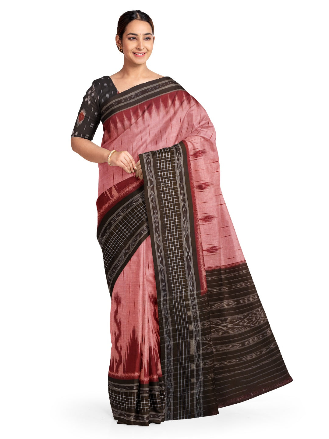 Pink with Black wide border Cotton Odisha Ikat saree with mix match cotton ikat blouse