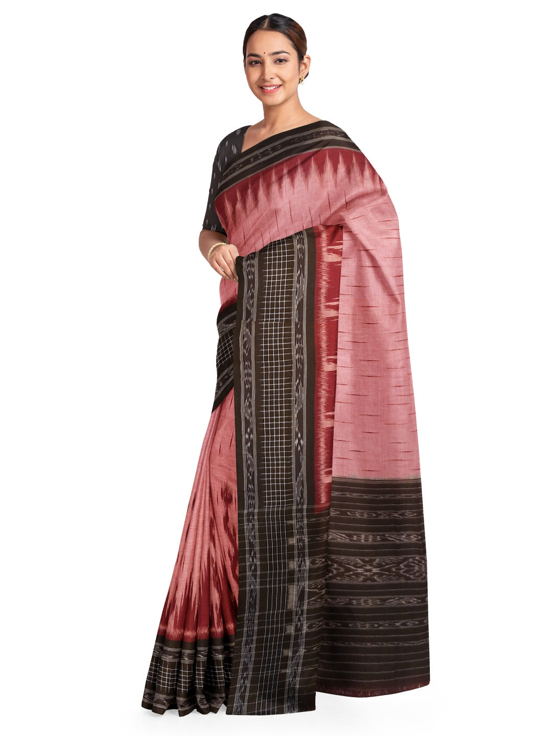 Pink with Black wide border Cotton Odisha Ikat saree with mix match cotton ikat blouse