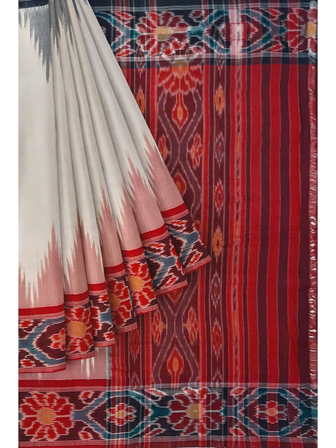 White GangaJamuna border Cotton Odisha Ikat saree with mix match cotton ikat blouse