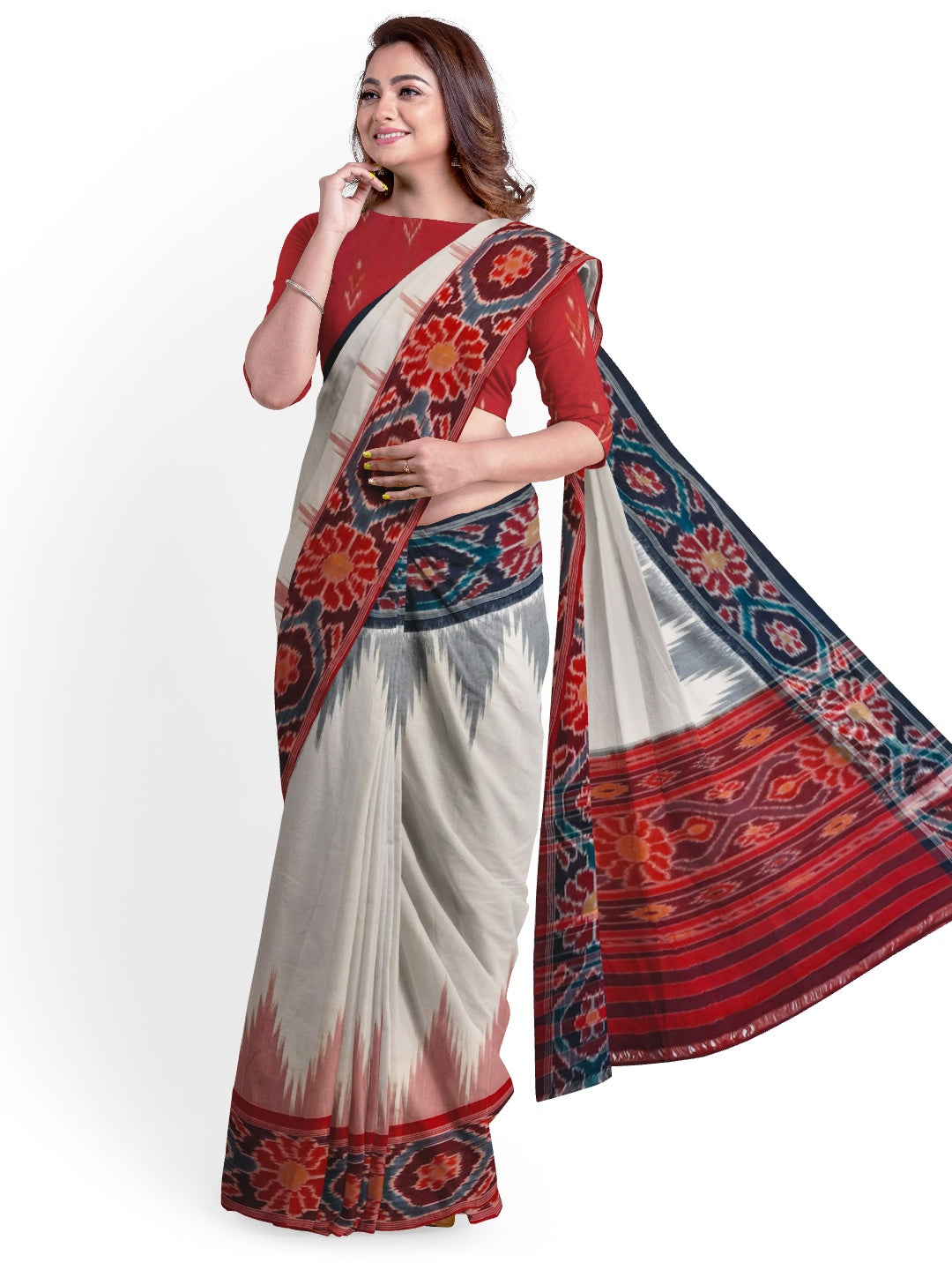 White GangaJamuna border Cotton Odisha Ikat saree with mix match cotton ikat blouse