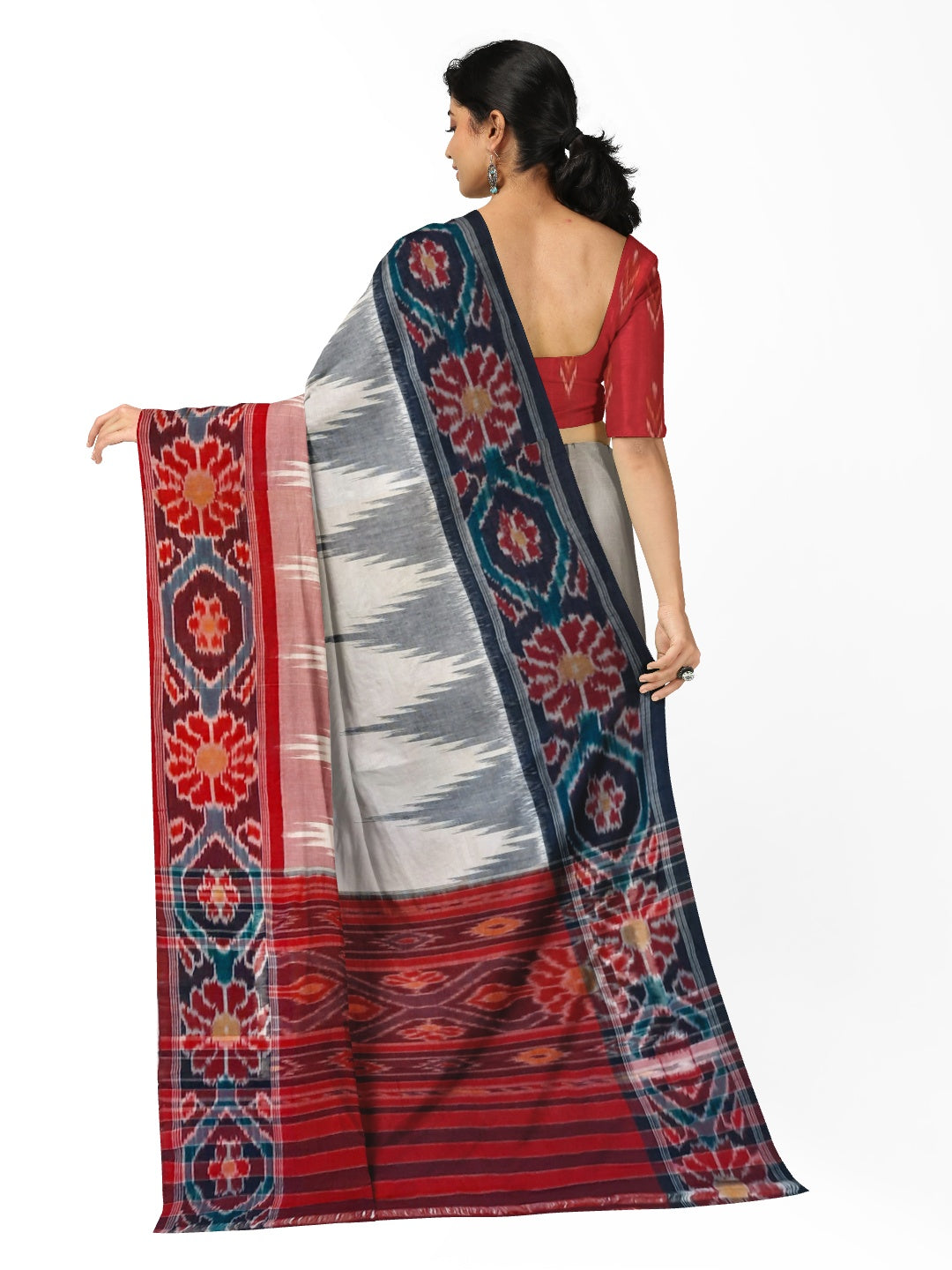 White GangaJamuna border Cotton Odisha Ikat saree with mix match cotton ikat blouse