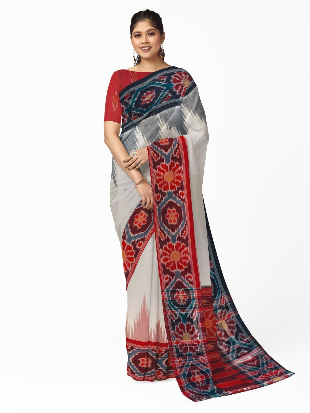 White GangaJamuna border Cotton Odisha Ikat saree with mix match cotton ikat blouse