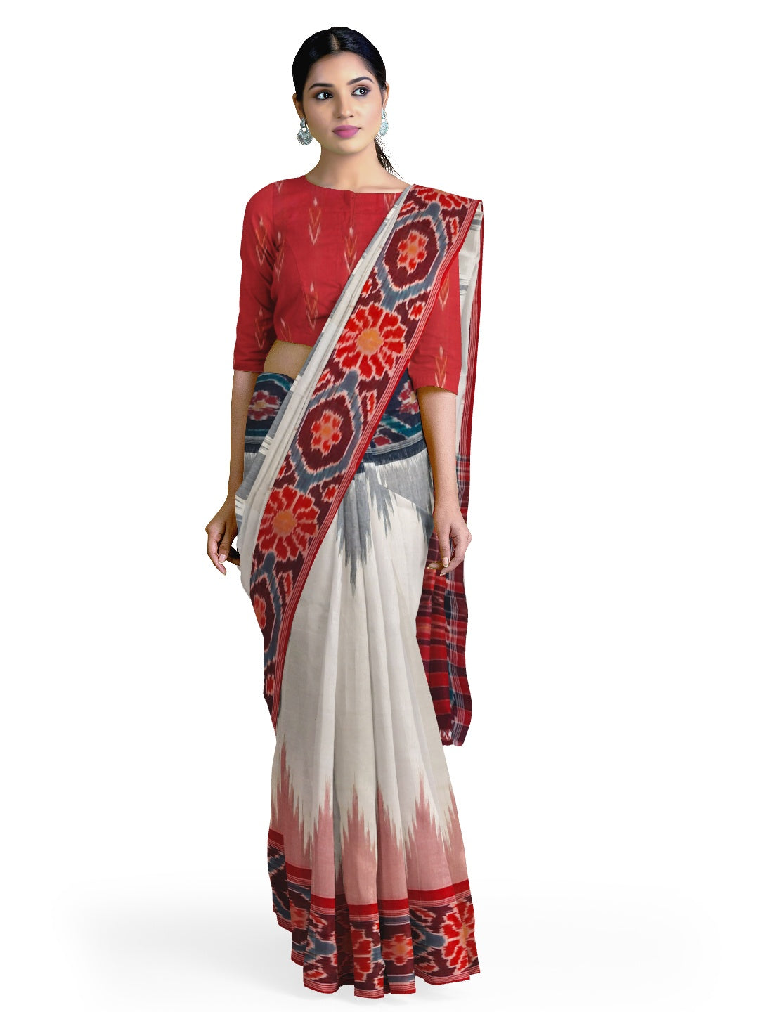 White GangaJamuna border Cotton Odisha Ikat saree with mix match cotton ikat blouse