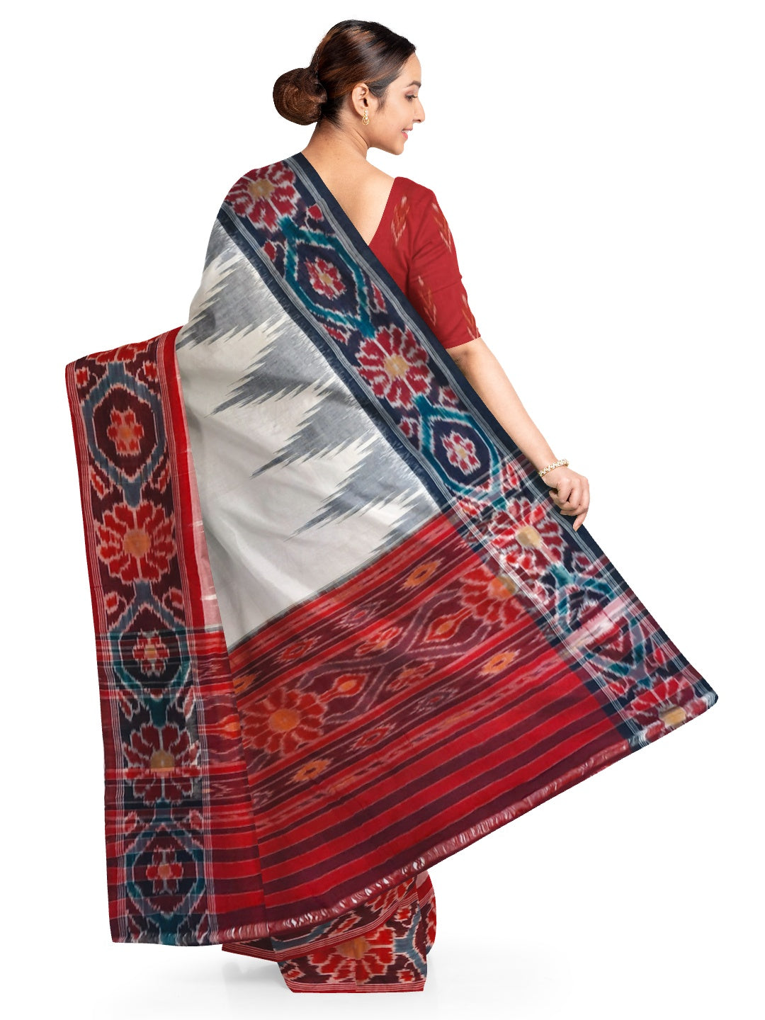 White GangaJamuna border Cotton Odisha Ikat saree with mix match cotton ikat blouse