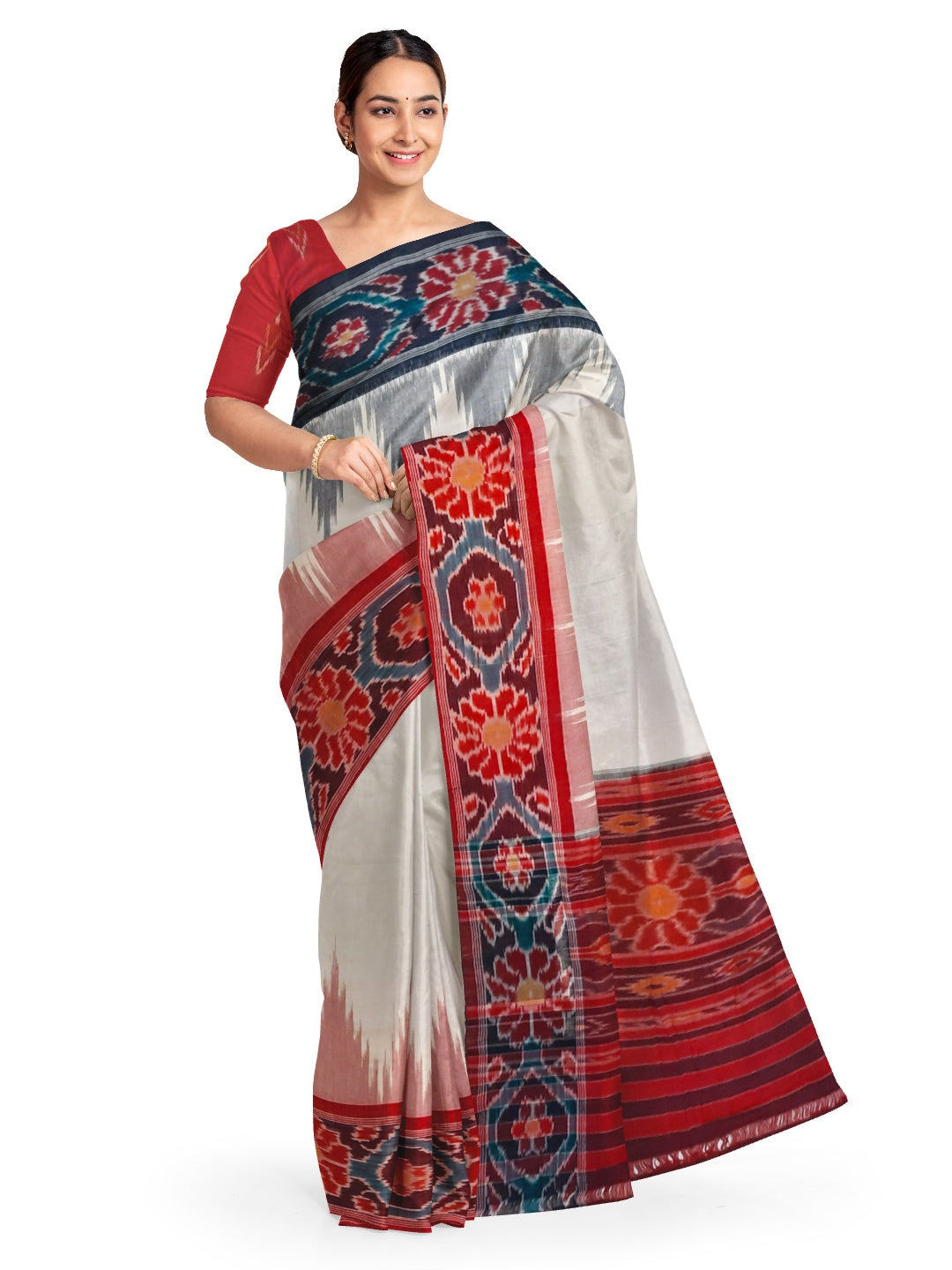 White GangaJamuna border Cotton Odisha Ikat saree with mix match cotton ikat blouse