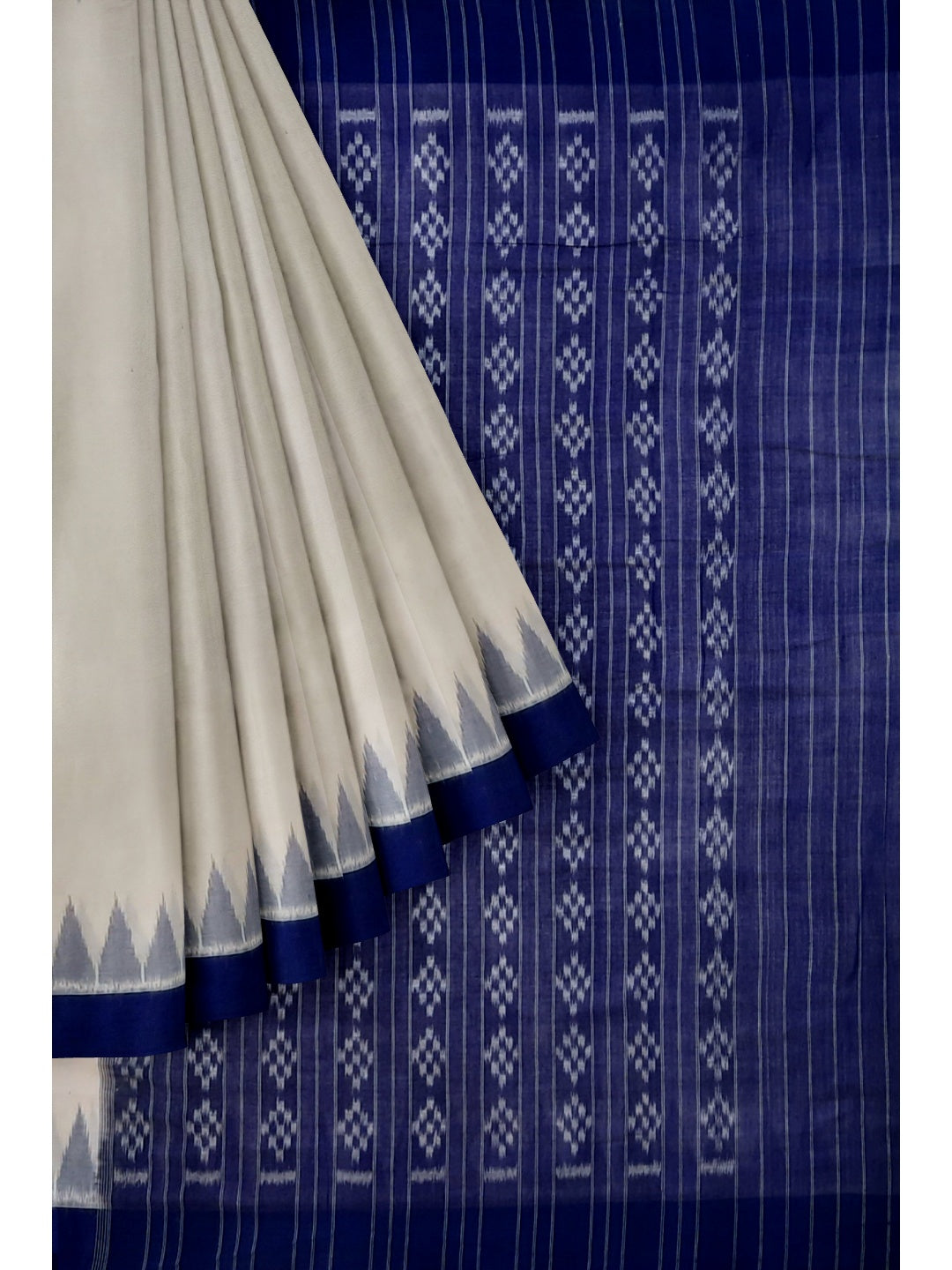 White and Blue Odisha Ikat saree with cotton ikat blouse piece
