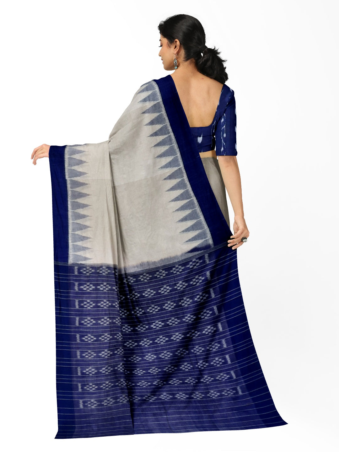 White and Blue Odisha Ikat saree with cotton ikat blouse piece