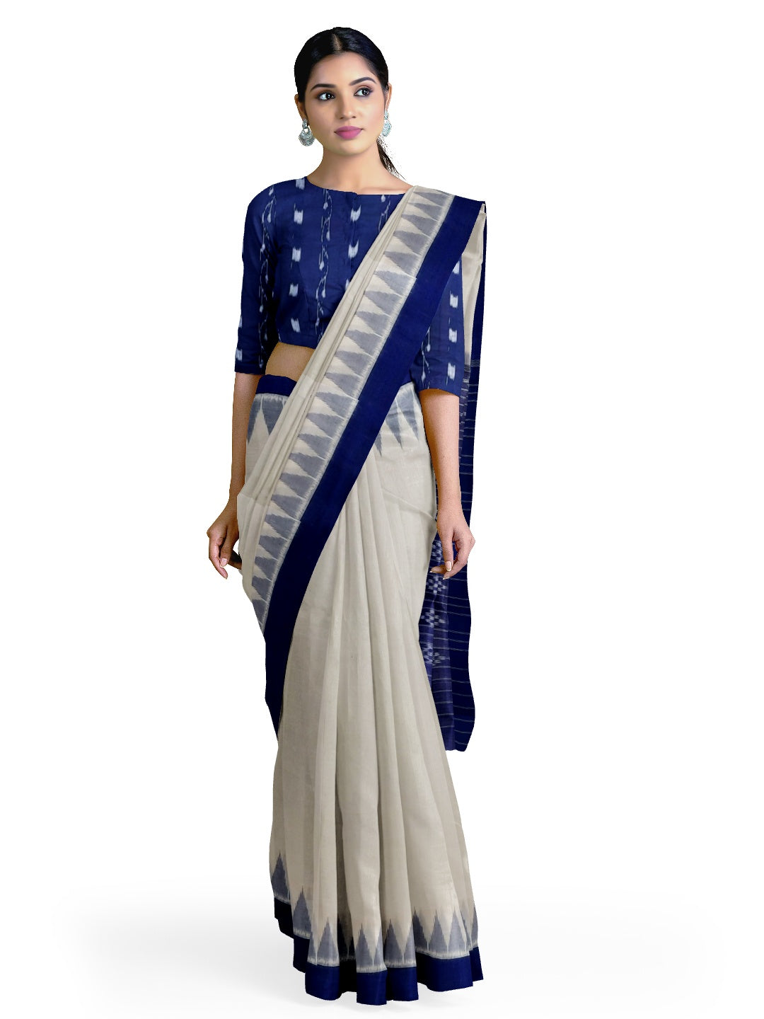 White and Blue Odisha Ikat saree with cotton ikat blouse piece