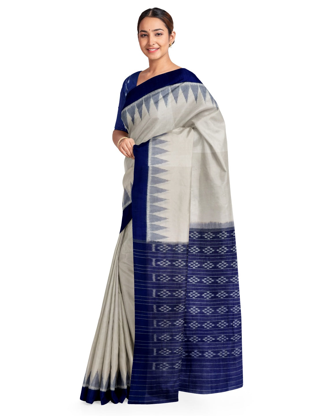 White and Blue Odisha Ikat saree with cotton ikat blouse piece