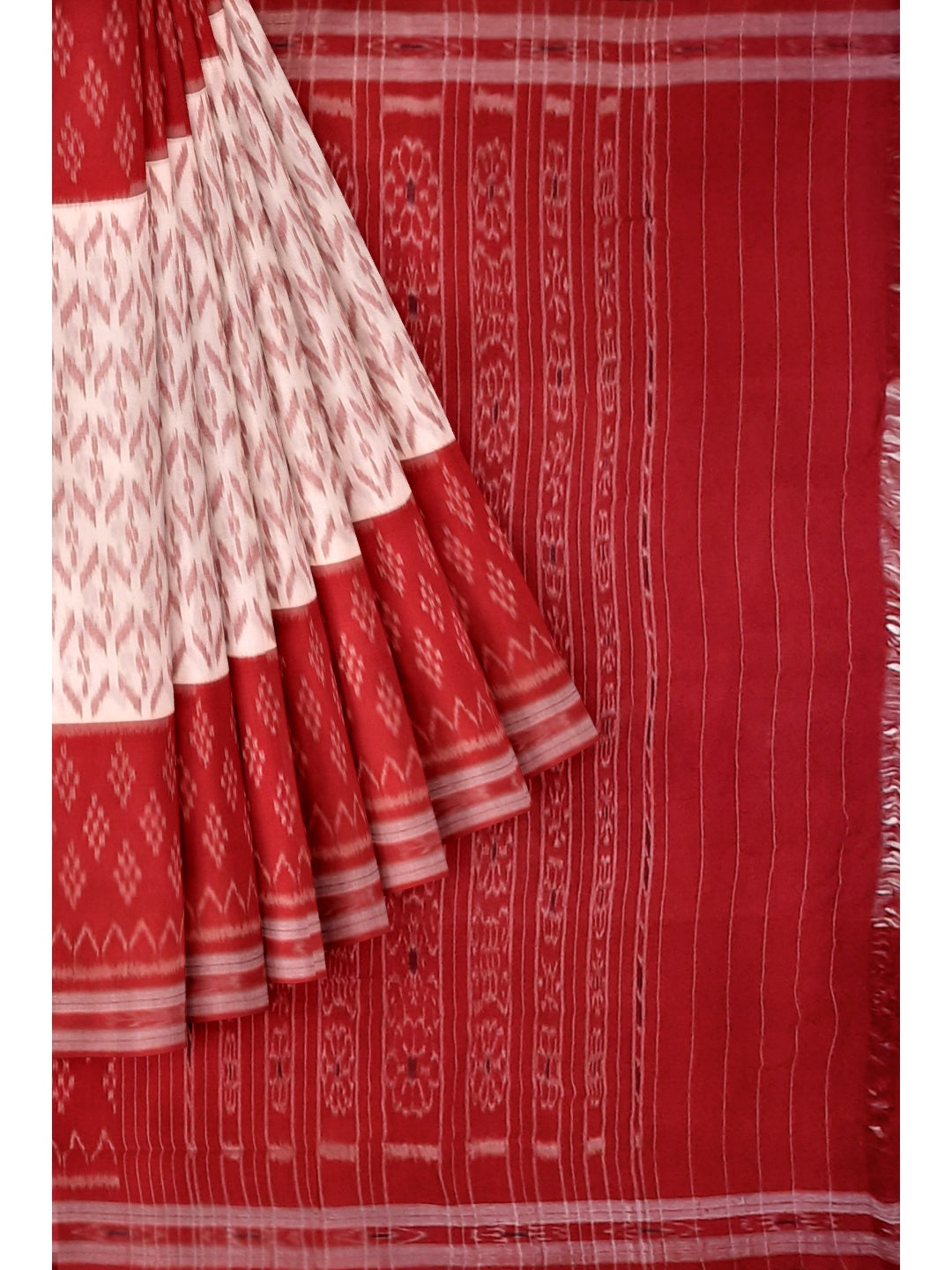 White Red wide border Cotton Odisha Ikat saree with mix match cotton ikat blouse piece