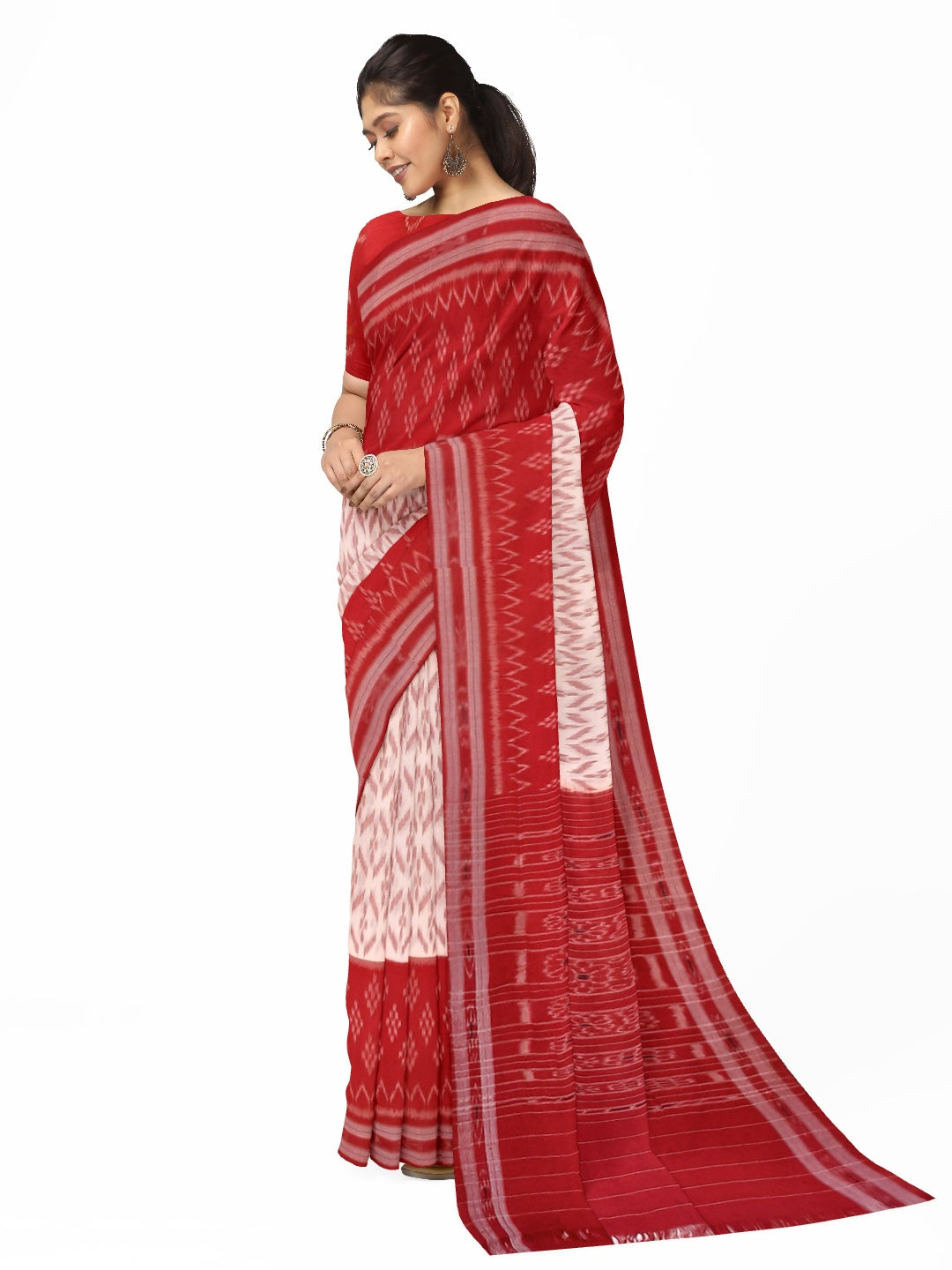 White Red wide border Cotton Odisha Ikat saree with mix match cotton ikat blouse piece