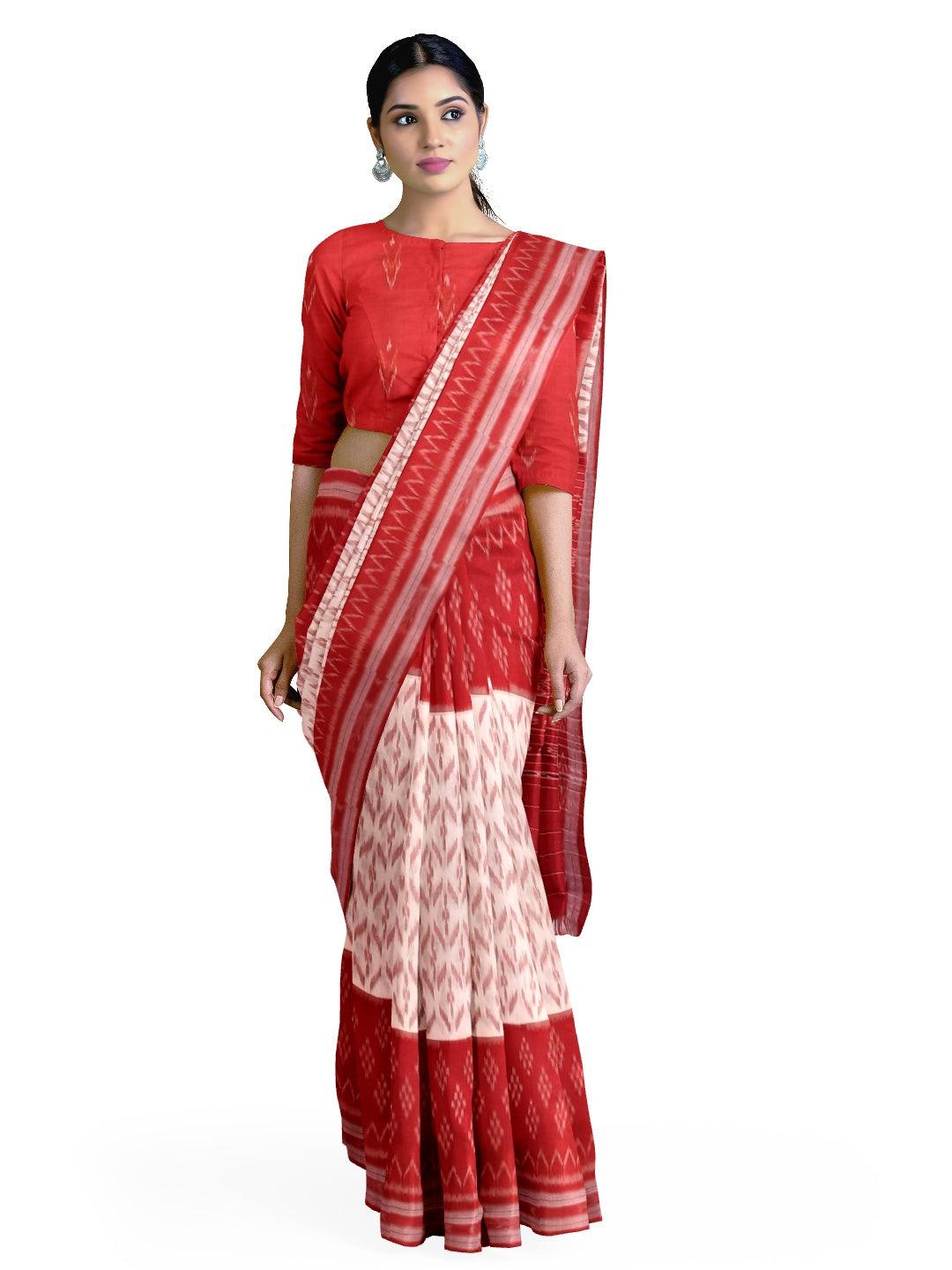 White Red wide border Cotton Odisha Ikat saree with mix match cotton ikat blouse piece