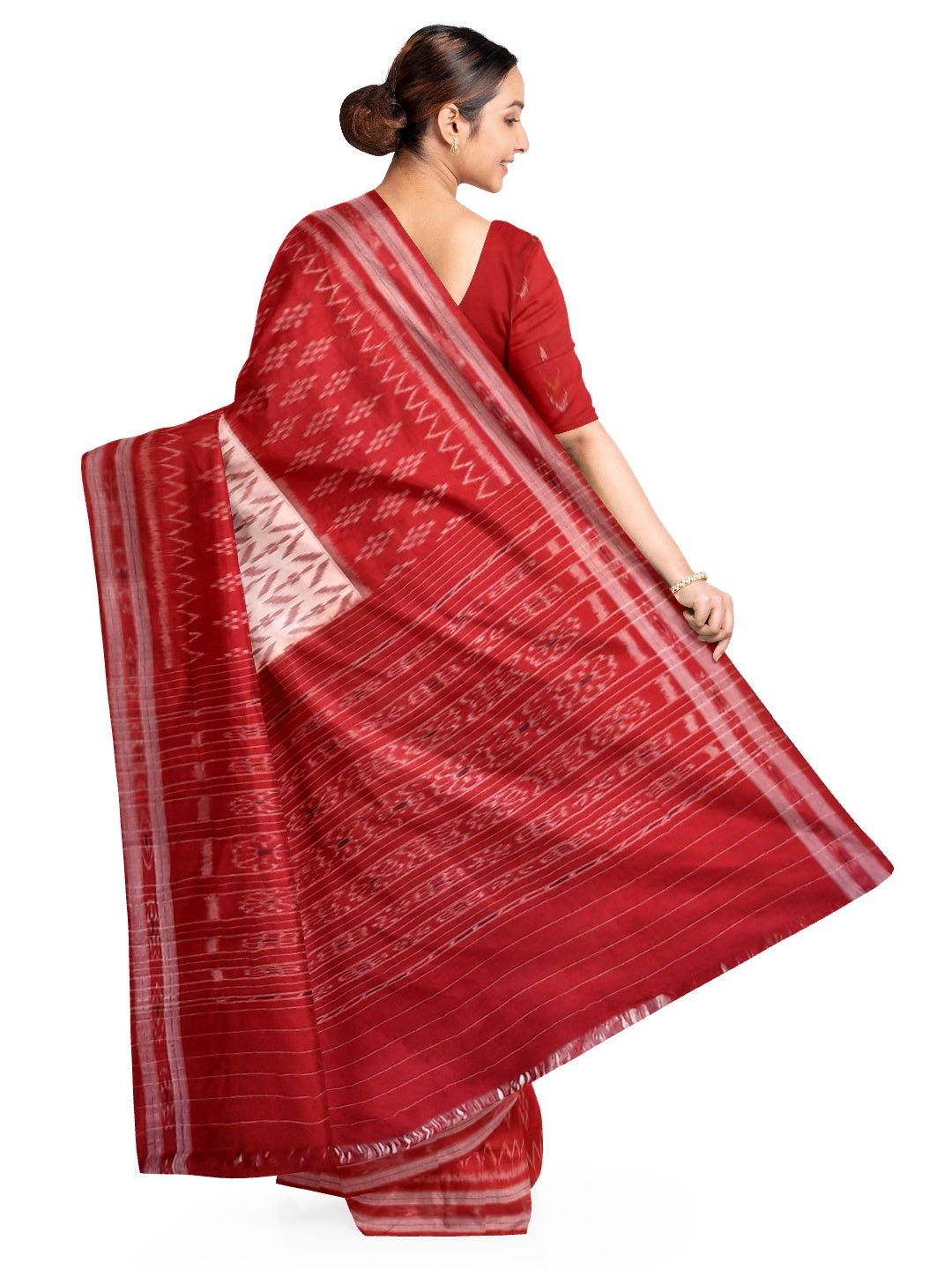 White Red wide border Cotton Odisha Ikat saree with mix match cotton ikat blouse piece