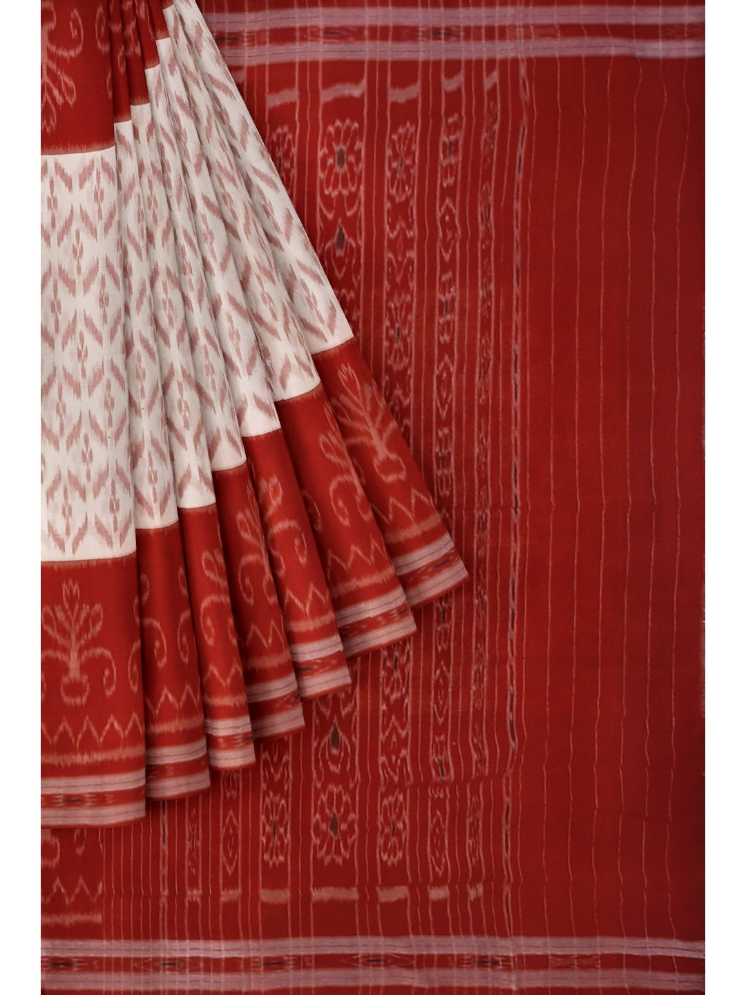 White Red wide border Cotton Odisha Ikat saree with mix match cotton ikat blouse piece