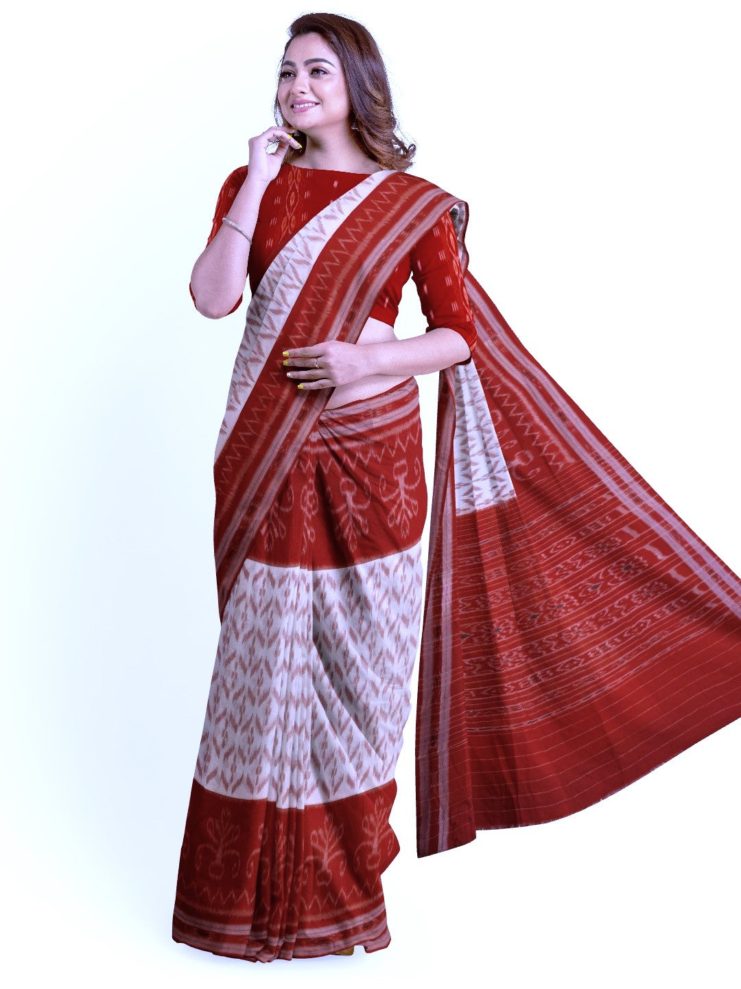 White Red wide border Cotton Odisha Ikat saree with mix match cotton ikat blouse piece