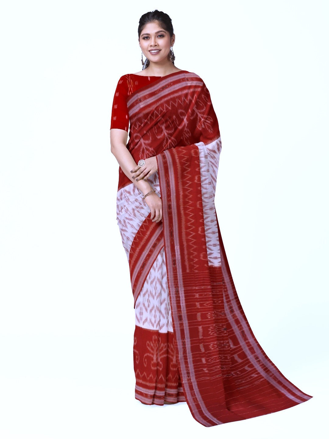 White Red wide border Cotton Odisha Ikat saree with mix match cotton ikat blouse piece