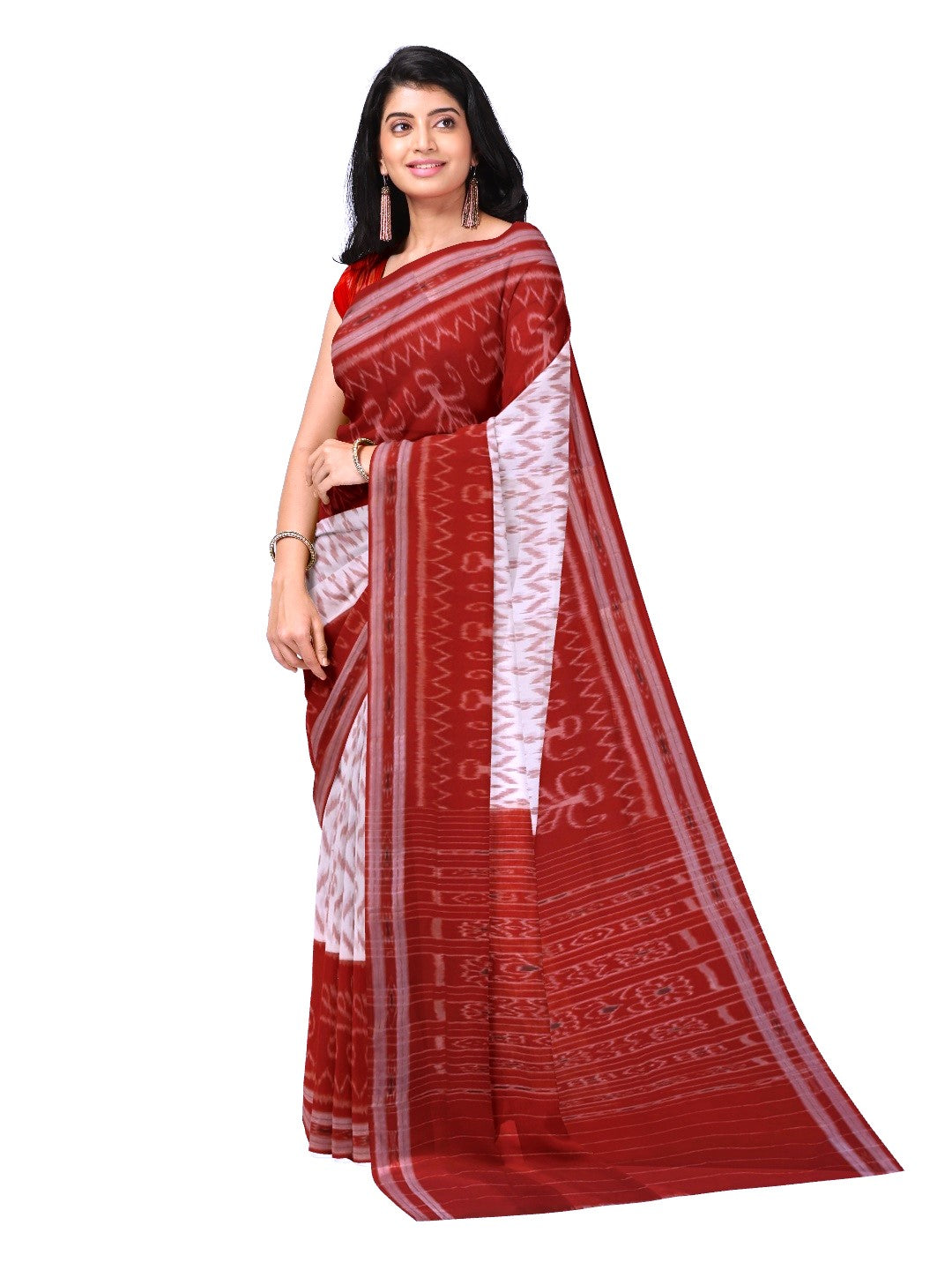 White Red wide border Cotton Odisha Ikat saree with mix match cotton ikat blouse piece