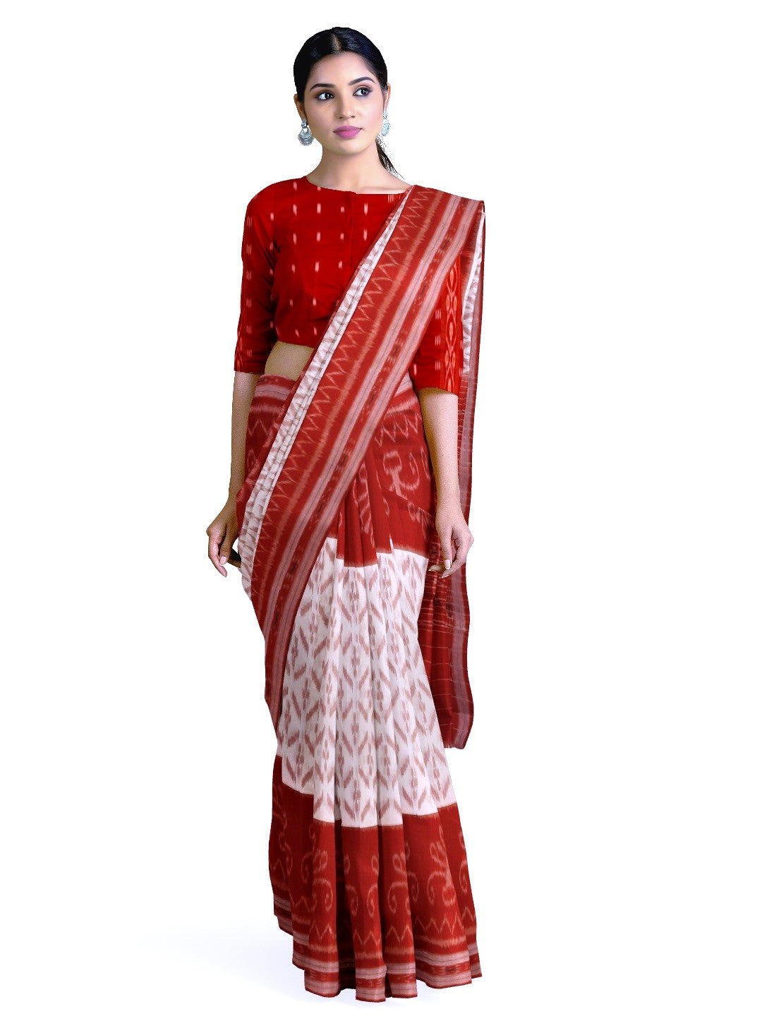 White Red wide border Cotton Odisha Ikat saree with mix match cotton ikat blouse piece