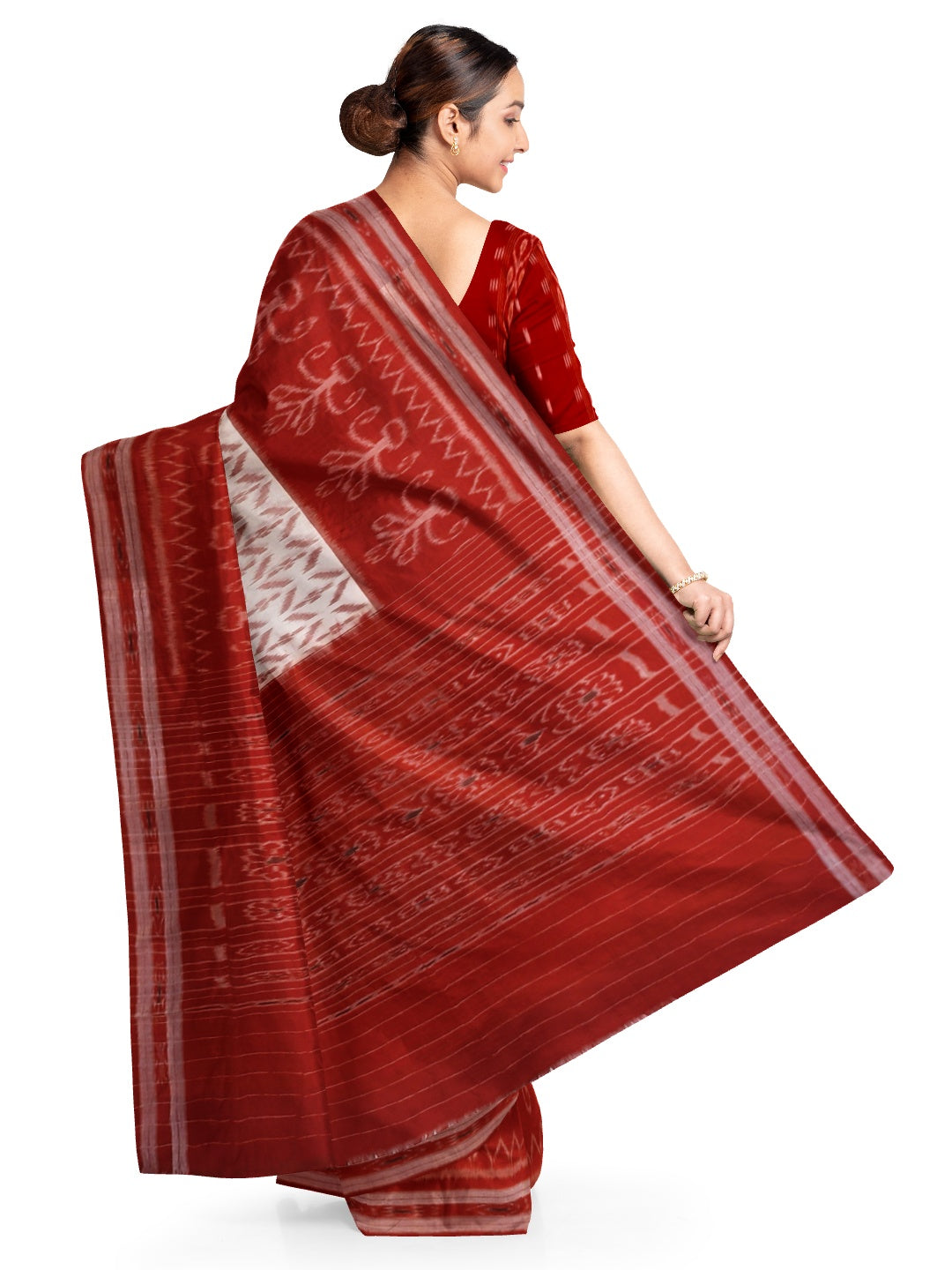 White Red wide border Cotton Odisha Ikat saree with mix match cotton ikat blouse piece