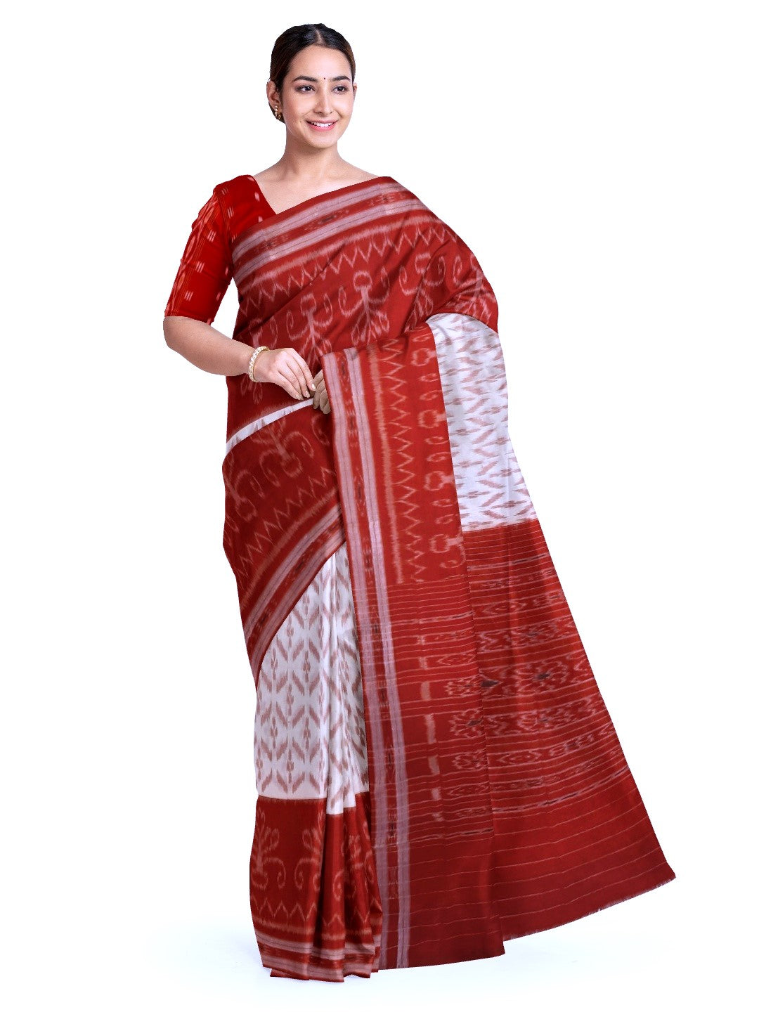 White Red wide border Cotton Odisha Ikat saree with mix match cotton ikat blouse piece