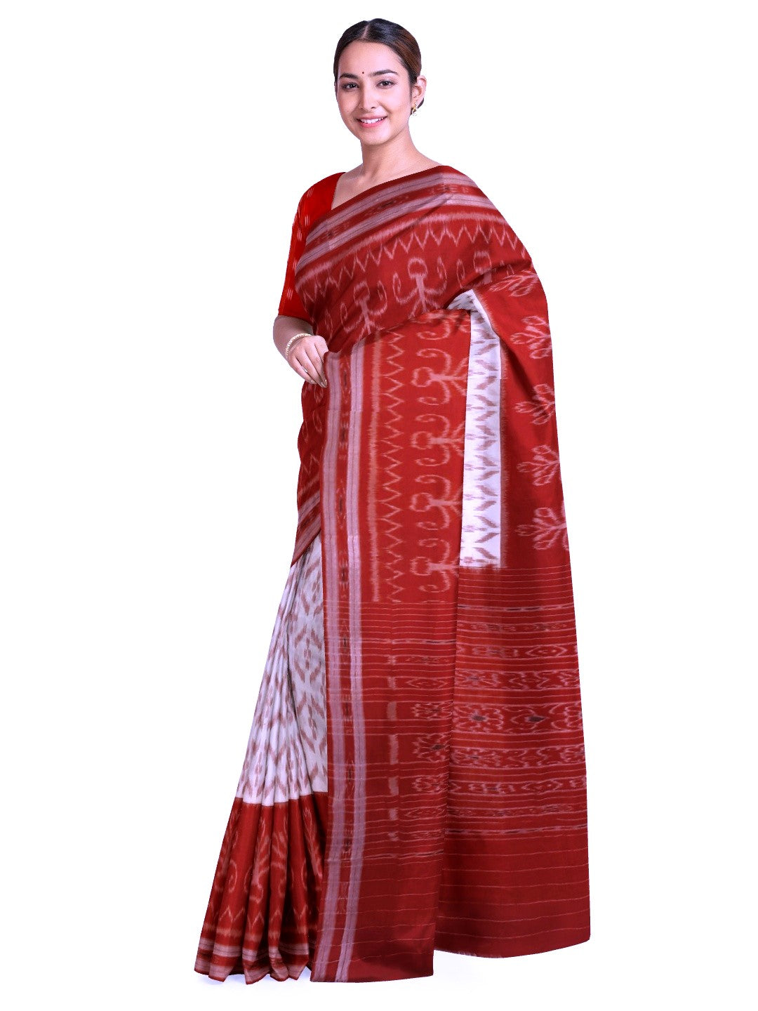White Red wide border Cotton Odisha Ikat saree with mix match cotton ikat blouse piece