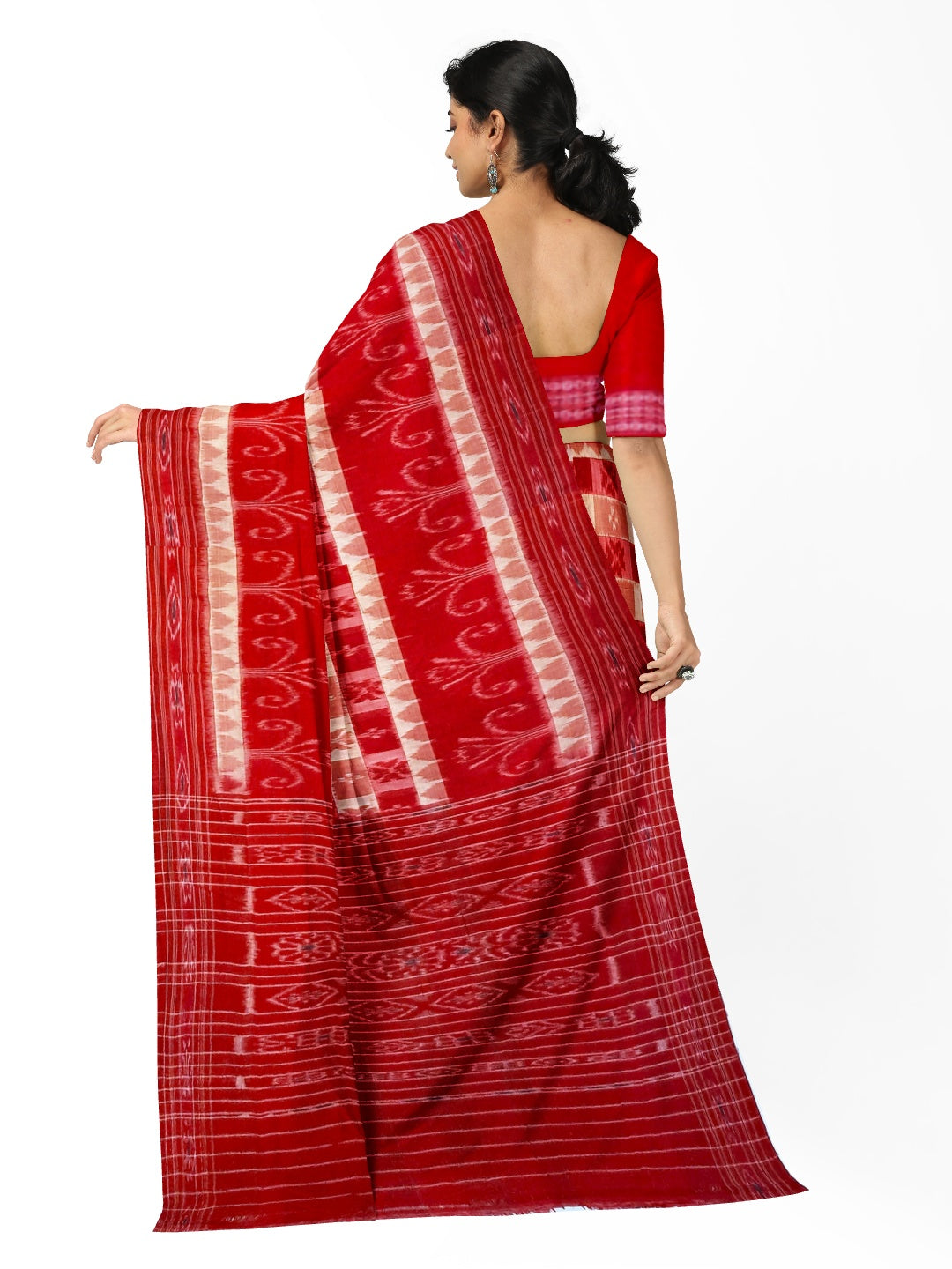 Red Cotton Odisha Ikat saree  with mix match cotton ikat blouse piece