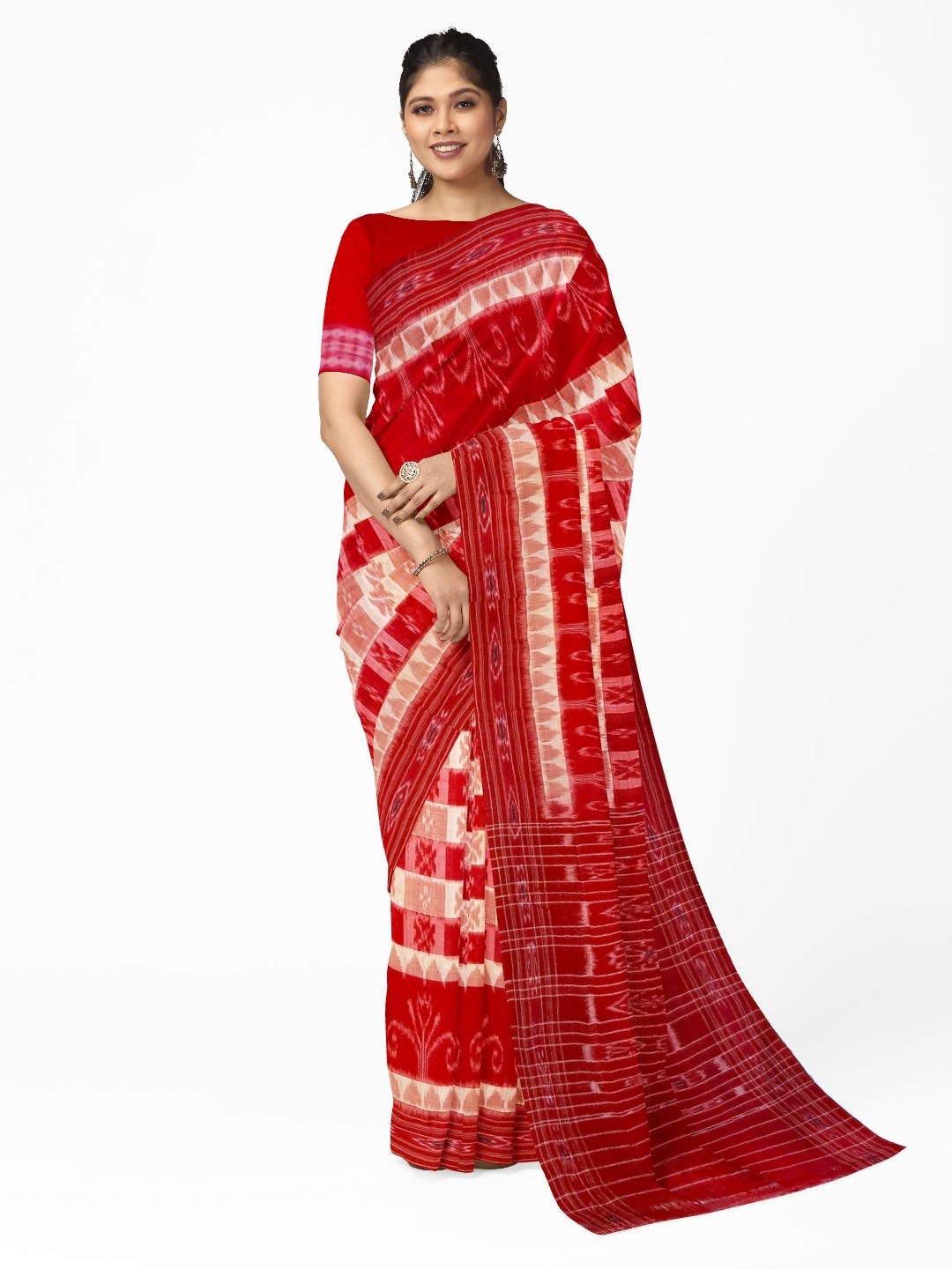 Red Cotton Odisha Ikat saree  with mix match cotton ikat blouse piece