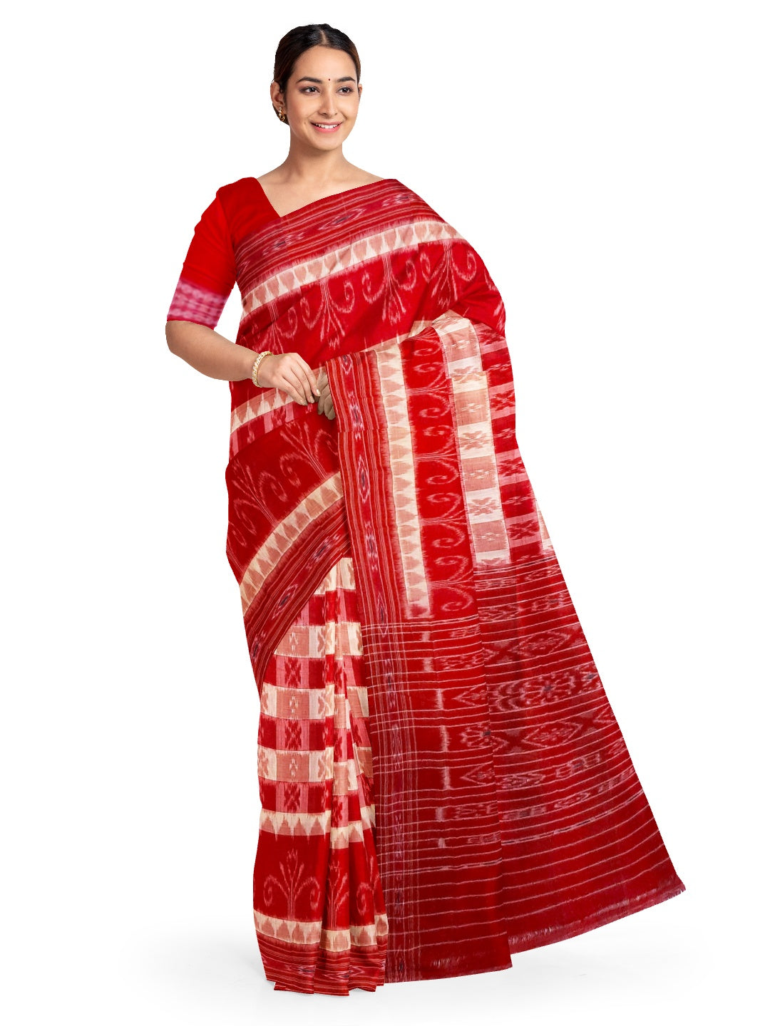 Red Cotton Odisha Ikat saree  with mix match cotton ikat blouse piece