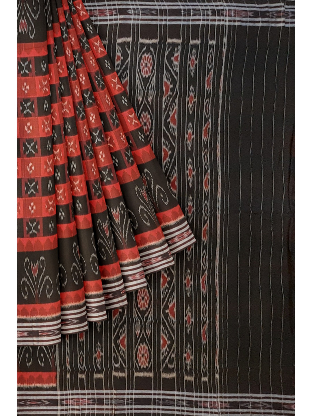 Black Red Cotton Odisha Ikat saree  with mix match cotton ikat blouse piece