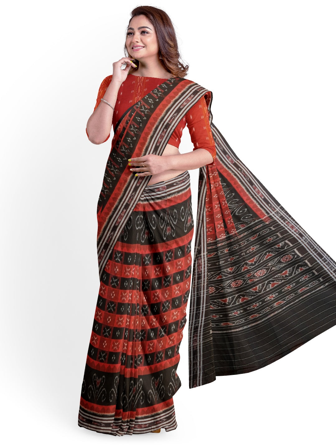 Black Red Cotton Odisha Ikat saree  with mix match cotton ikat blouse piece