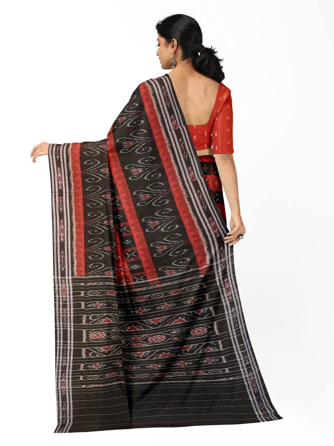 Black Red Cotton Odisha Ikat saree  with mix match cotton ikat blouse piece