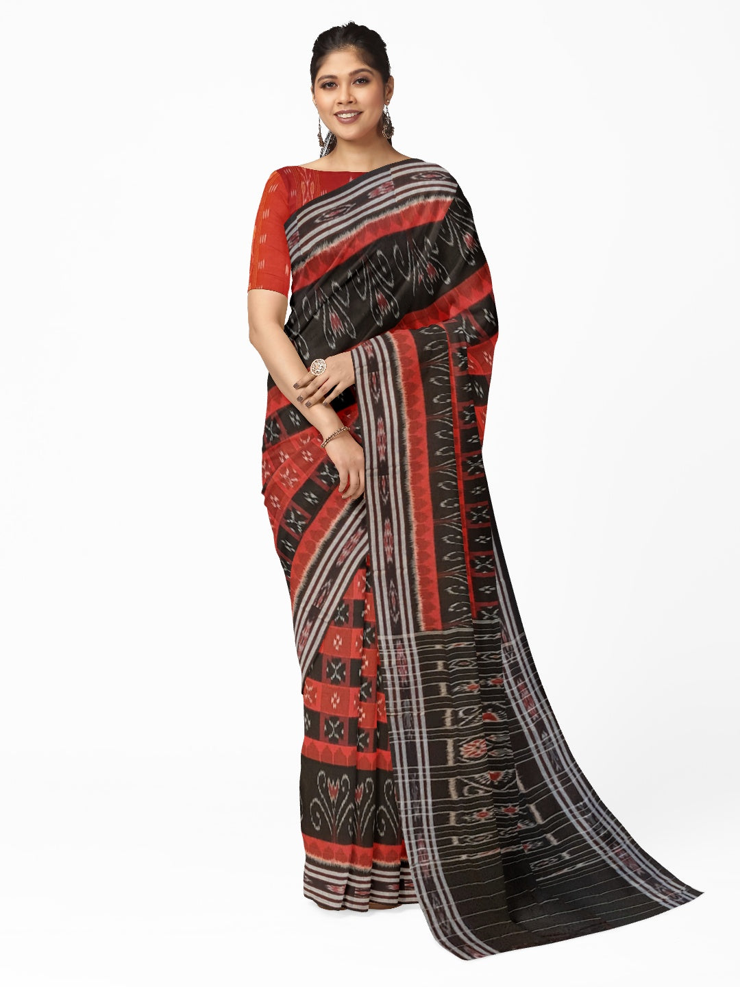 Black Red Cotton Odisha Ikat saree  with mix match cotton ikat blouse piece