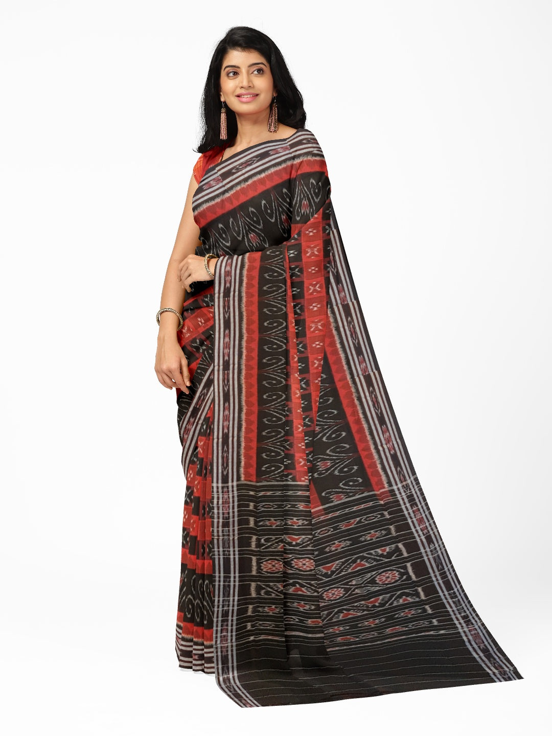 Black Red Cotton Odisha Ikat saree  with mix match cotton ikat blouse piece