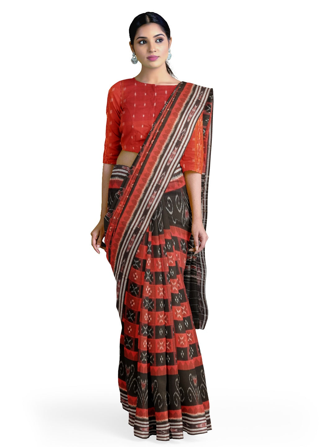 Black Red Cotton Odisha Ikat saree  with mix match cotton ikat blouse piece