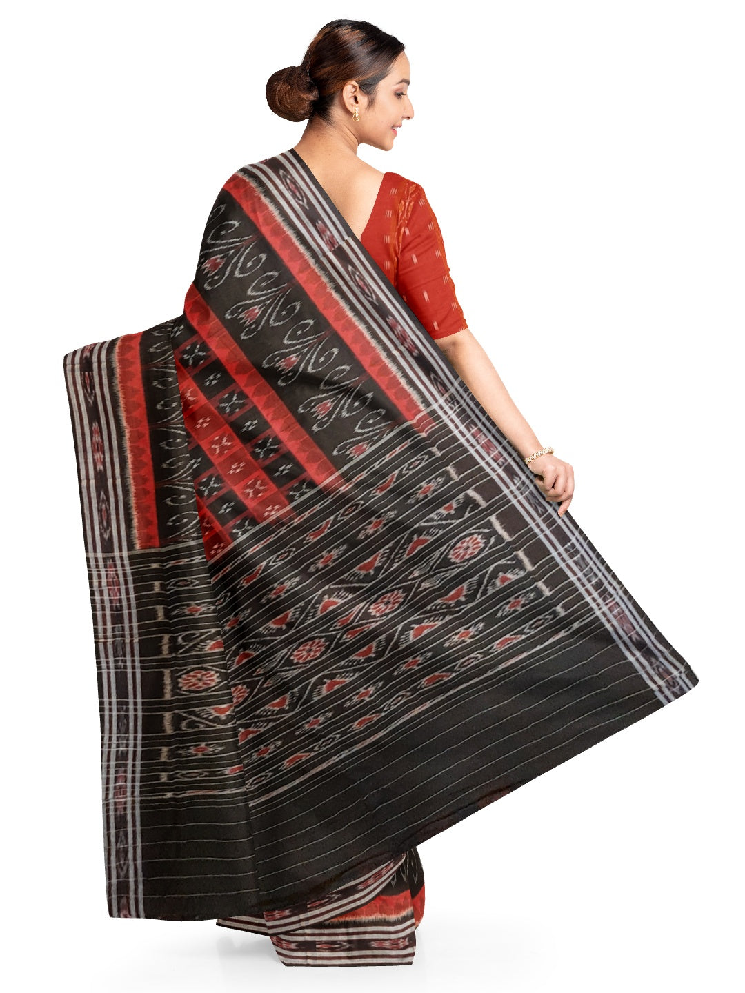 Black Red Cotton Odisha Ikat saree  with mix match cotton ikat blouse piece