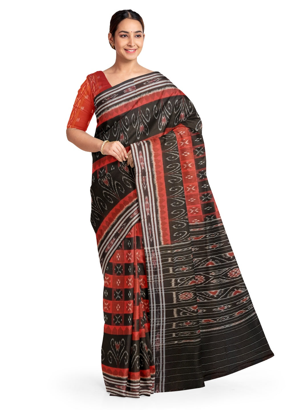 Black Red Cotton Odisha Ikat saree  with mix match cotton ikat blouse piece