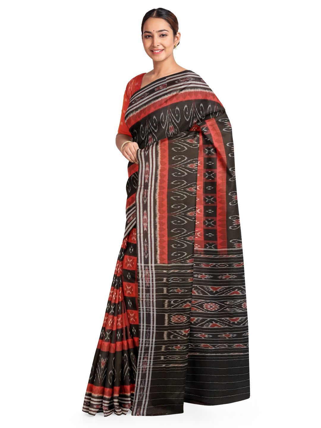Black Red Cotton Odisha Ikat saree  with mix match cotton ikat blouse piece