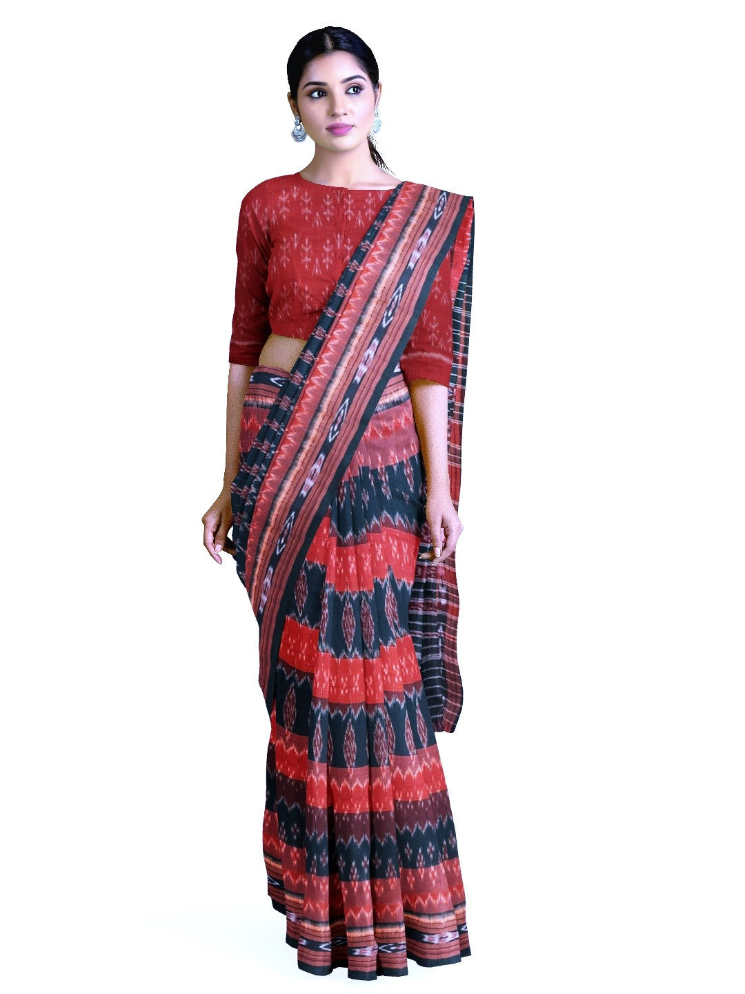 Green Cotton Odisha Ikat saree  with mix match cotton ikat blouse piece