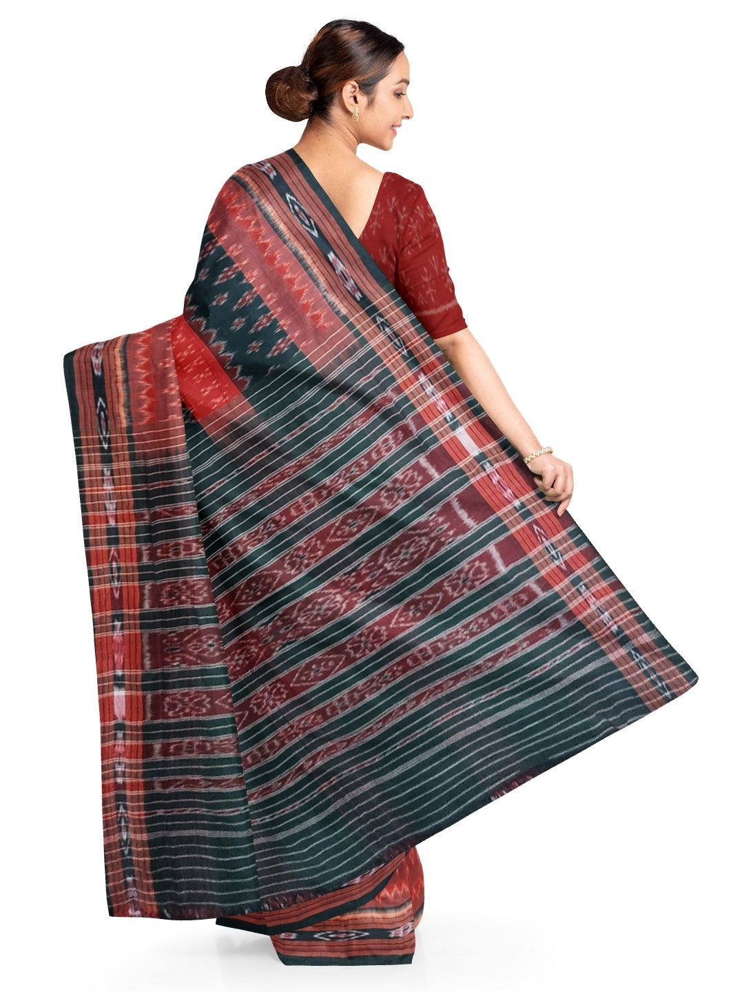 Green Cotton Odisha Ikat saree  with mix match cotton ikat blouse piece