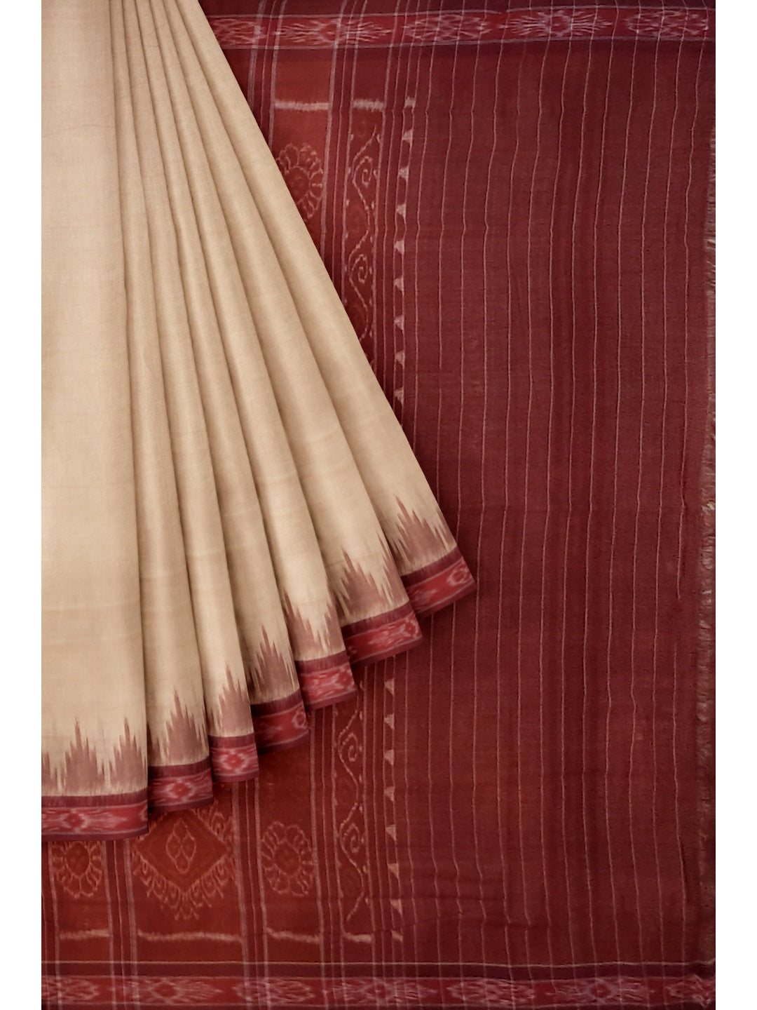 Beige with Maroon Odisha Ikat saree with cotton ikat blouse piece