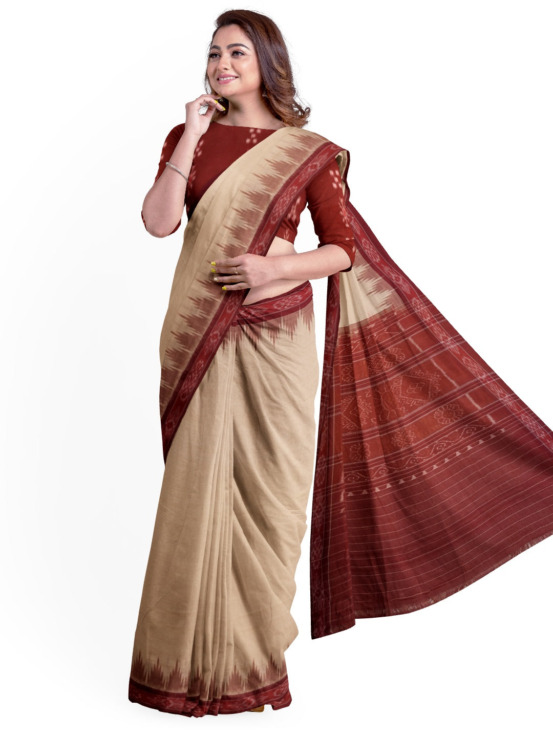Beige with Maroon Odisha Ikat saree with cotton ikat blouse piece