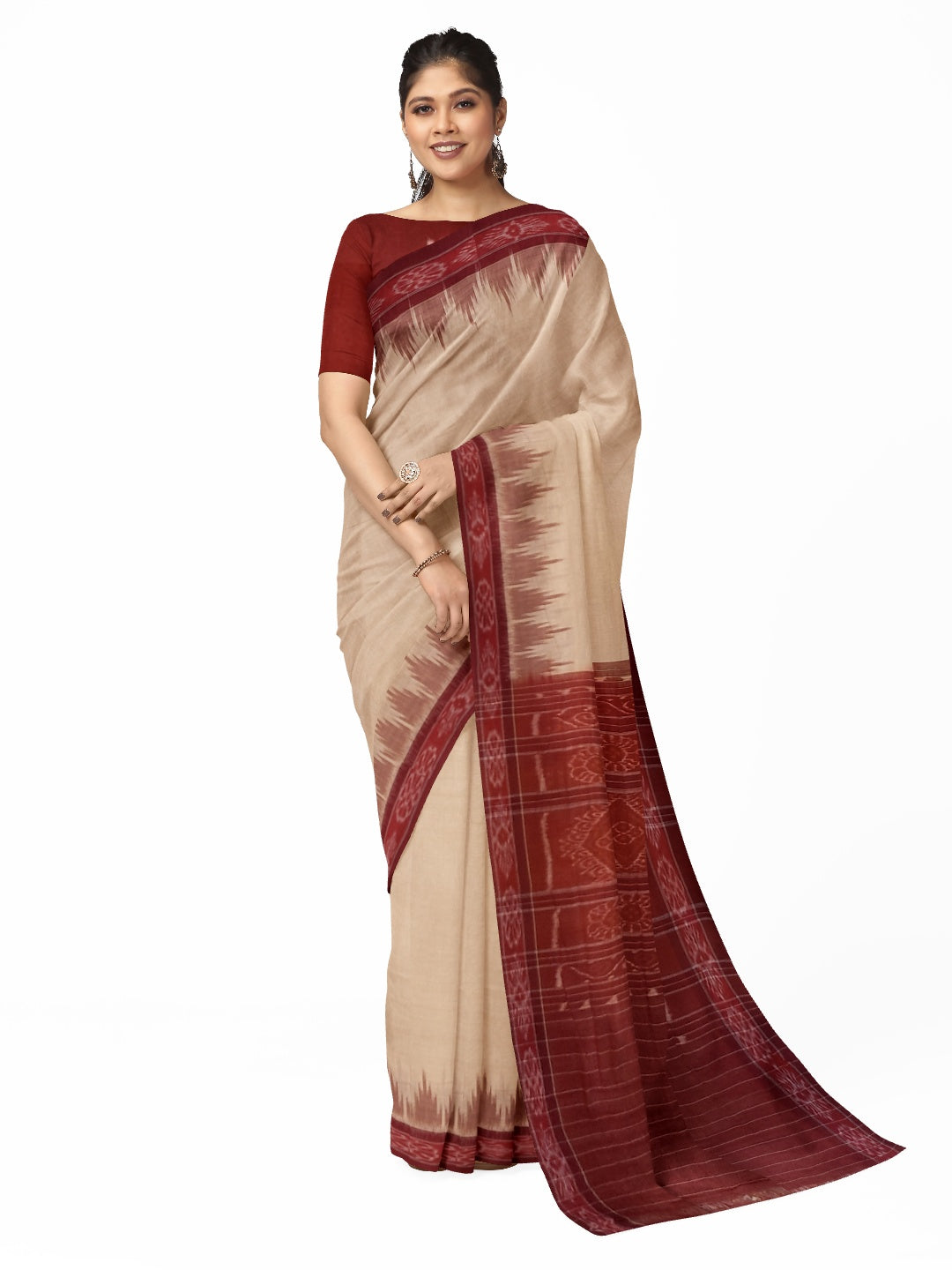 Beige with Maroon Odisha Ikat saree with cotton ikat blouse piece