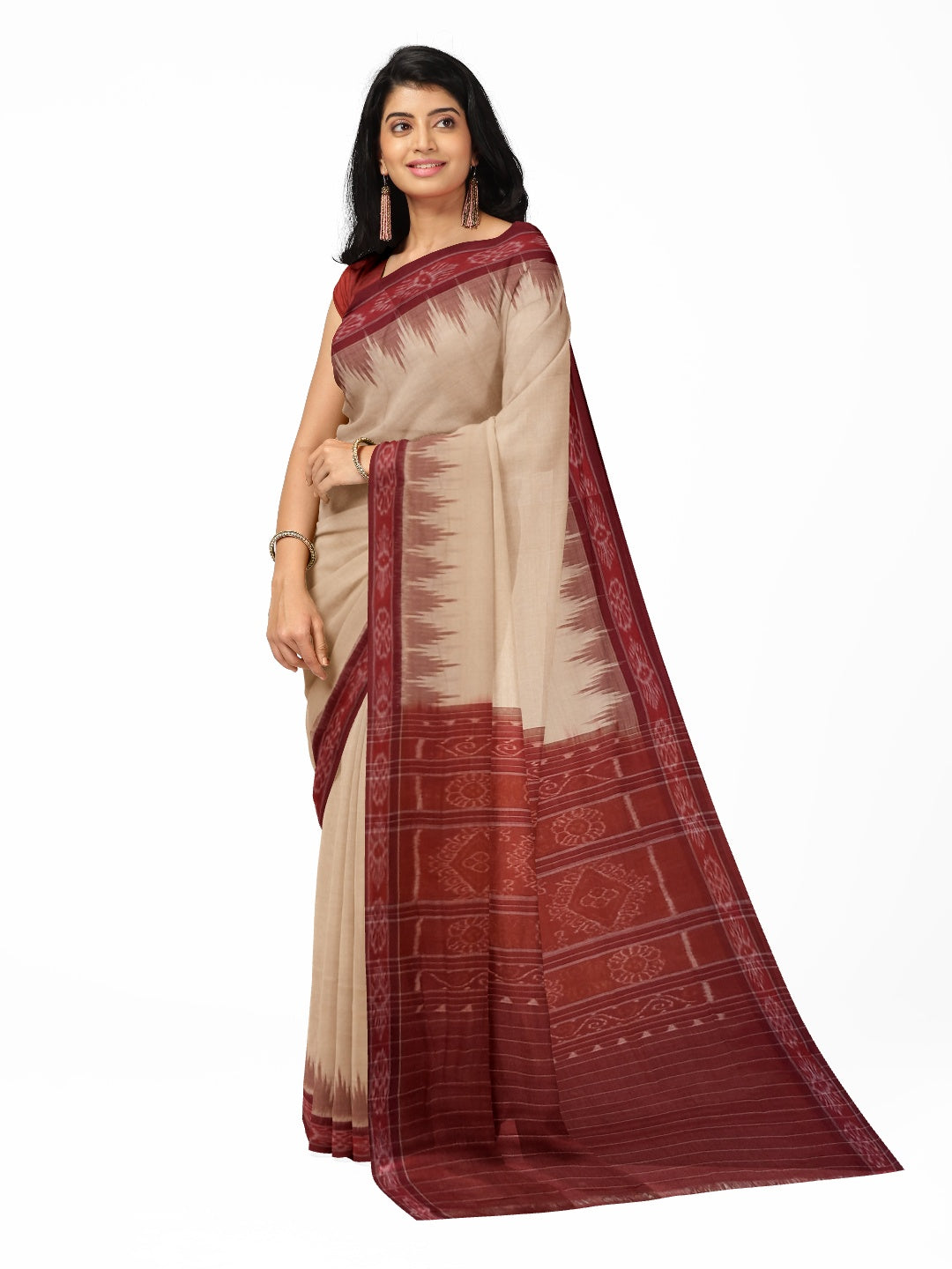 Beige with Maroon Odisha Ikat saree with cotton ikat blouse piece
