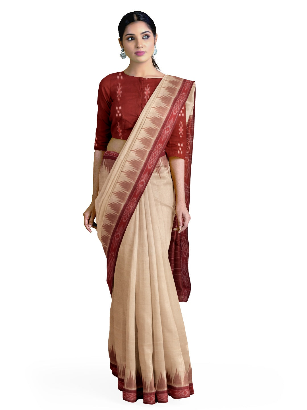 Beige with Maroon Odisha Ikat saree with cotton ikat blouse piece