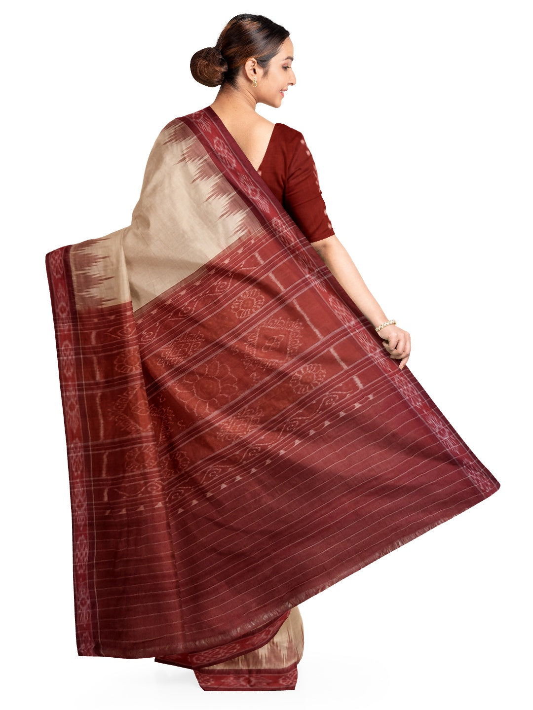 Beige with Maroon Odisha Ikat saree with cotton ikat blouse piece