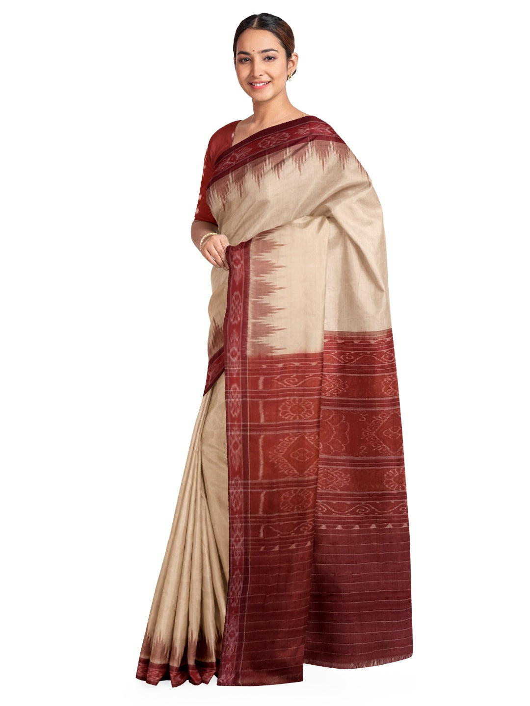 Beige with Maroon Odisha Ikat saree with cotton ikat blouse piece