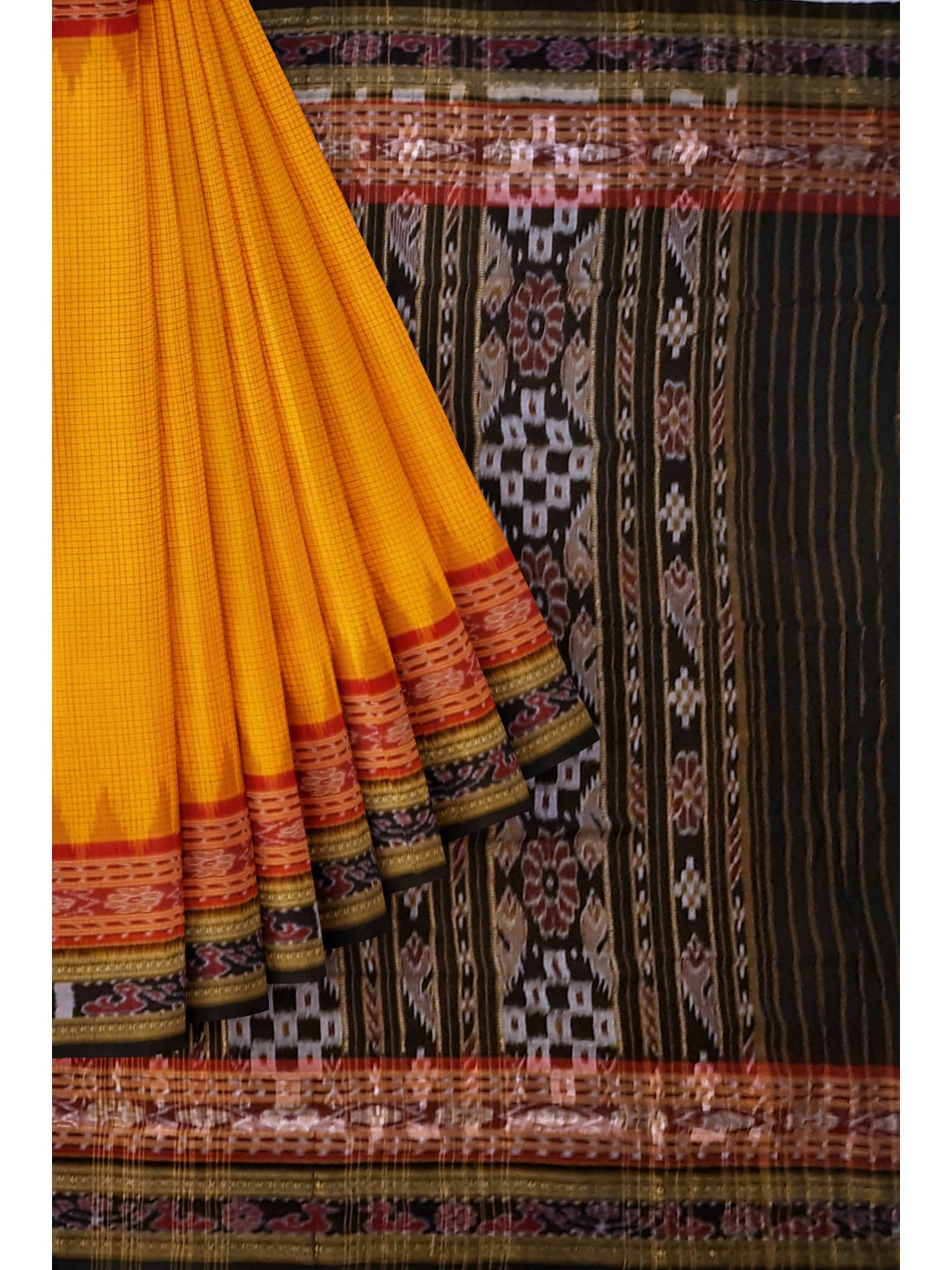 Yellow double order Sachipar Nuapatna Cotton Ikat saree with cotton ikat blouse piece