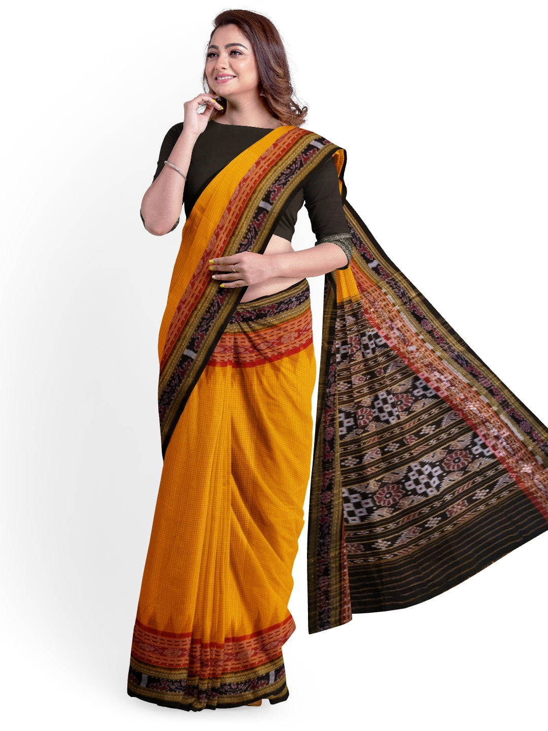 Yellow double order Sachipar Nuapatna Cotton Ikat saree with cotton ikat blouse piece