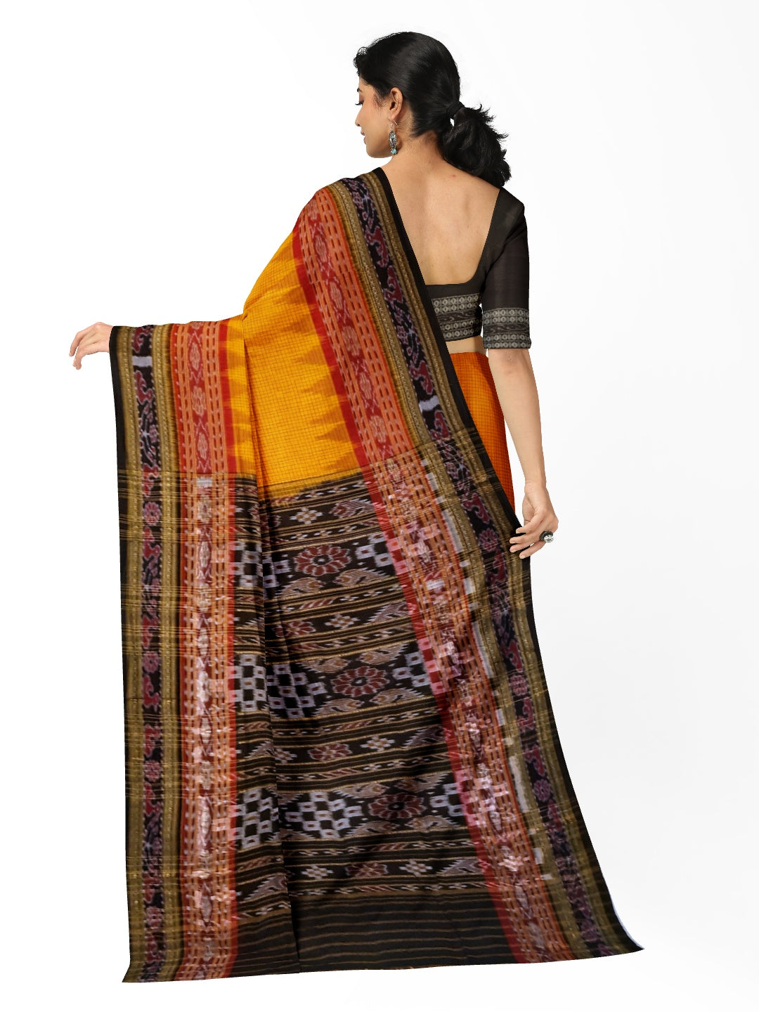 Yellow double order Sachipar Nuapatna Cotton Ikat saree with cotton ikat blouse piece